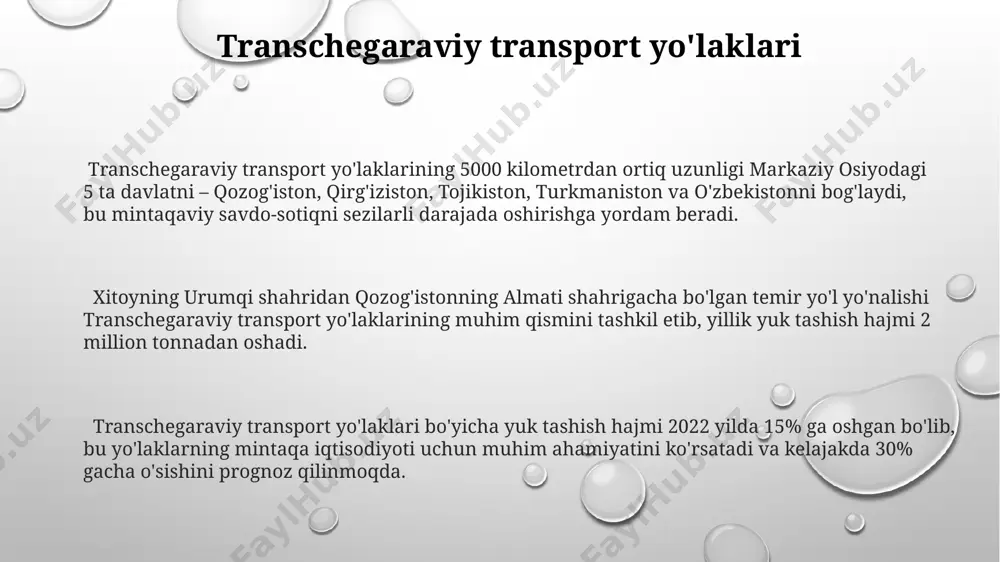 рт ва коммуникациялар вазирлигининг маълумотларига кўра, 2023 йилда темир йўл тармоғини 150 км га кенгайтириш, хусусан, туркменбоши портини ривожлантириш орқали халқаро транспорт йўлакларига интеграциялашувни кучайтиришга йўналтирилган. қозоғистоннинг "нурли жол" дастури доирасида 2025 йилгача 8000 км дан ортиқ автомобиль йўлларини модернизация қилиш режалаштирилган, бу транспорт хавфсизлиги ва мамлакат ички юк ташишларини яхшилашга хизмат қилади. temir yo'l transporti rivojlanishi oʻzbekiston temir yoʻllari tarmogʻining uzunligi 4 000 kilometrdan oshib, 2023 yilda 15% ga oshgan yuk tashish hajmini qayd etdi, bu esa toshkent va xorazm viloyatlari oʻrtasidagi yuk tashish tezligini sezilarli darajada oshirdi. turkmanistonning turkmanbashi porti va qozoqistonning aqtau porti oʻrtasidagi temir yoʻl aloqasi yaxshilanishi natijasida 2024 yilda tranzit yuk tashish hajmi 30% ga koʻpayishi kutilmoqda. qirgʻizistonning bishkek shahri va oʻzbekistonning andijon shahri oʻrtasidagi konteyner tashish hajmi 2022 yildan 2023 yilga kelib ikki barobarga oshdi, bu yangi temir yoʻl infratuzilmasining samaradorligini koʻrsatadi. markaziy osiyodagi transport infratuzilmasining hozirgi holati turkmanistonning hazor dengiz porti orqali xalqaro …