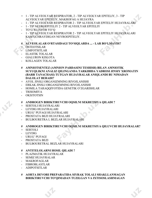 i to’qimadan tuzilgan va ixtisoslashmagan yulduzsimon hujayralar tutgan qavat ko’rinib turibdi .bu qavat ? + subendoteliy - endoteliy - mushak elastik qavat - o’rta parda - adventitsial parda # aralash tipdagi arteriyalar devorining o’rta qavatida mushak va elastik elementlar nisbati ? + deyarli teng - mushaklar ko’proq - elastik tolalar ko’proq - kollagen tolalar ko’p - retikulyar tolalar ko’p # argirofil tolalar qaysi to’qimaning hujayralararo moddasi uchun xos ? + retikulyar to’qima - suyak to’qimasi - tog’ay to’qimasi - yog’ to’qimasi - zich tolali shakllanmagan biriktiruvchi to’qima # asl biriktiruvchi to’qimaning klassifikatsiyasiga asos bo’lgan asosiy me’zon nima? + hujayralar va hujayralararo tuzilmalar nisbati - to’qimaning bajaradigan vazifasi - to’qimaning hujayra tarkibi - hujayralararo moddaning tarkibi - tolalarning turlari # atretik tana o‘z tarkibida saqlaydi :yaltiroq parda biriktiruvchi to’qima va .. ? + interstitsial hujayra - lyutein hujayra - detsidual hujayra - follikulyar hujayra - nurli toj hujayrasi # atretik tanalar …