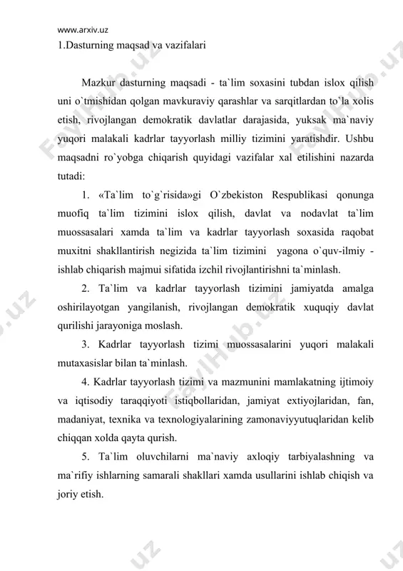 aror rivojlantirishning kafolatlarini, ustivorliligini ta`minlovchi normativ, moddiy - texnika va axborot bazasini yaratish. 8. ta`lim fan va ishlab chiqarish samarali interasiyalashuvini ta`minlash, tayyorlanayotgan kadrlarning miqdori sifatlariga nisbatan davlatning talablarini ishlab chiqish. 9. uzluksiz ta`lim va kadrlar tayyorlash tizimiga byujetdan tashqari, mablag`lar, shu jumladan chet el investisiyalari jalb etishning real mexanizmlarini ishlab chiqish va amaliyotga joriy etish. 10. kadrlar tayyorlash soxasida o`zaro manfatli xalqaro xamkorlikni rivojlantirish. 1. mehnat ta`limi dasturining tarkibiy tuzilishi. unda o`zbekiston respublikasining “mehnat to`g`risida”gi konuni va “kadrlar tayyorlash milliy dasturning” talablarini bajarilishi. mehnat ta`limining maqsad va vazifalari ko`rsatilgan: a) maqsadi: o`quvchilarga umummehnat ko`nikma va malakalarini shakllantirish, ularni qiziqishlari, qobiliyatlari, kasbiy moyiliklariga ko`ra, kasb xunar turlarinitanlashga asos bo`ladigan xislatlari, umummeҳnat madaniyatini shakllantirish va rejalashtirish. b) vazifalari: xalq xo`jaligining turli soxalari, ularda ishlatiladigan texnika texnologiya to`g`risida bilimlar berish, mehnat faoliyatining soxalari bilan yaqinroq tanishtirish, turli ishlar chiqarish soxalari mazmuniga taaluqli dastlabki muammolarini o`rganish. - xalq xunarmandchiligini kasblarini o`rgatish orqali xalqni …