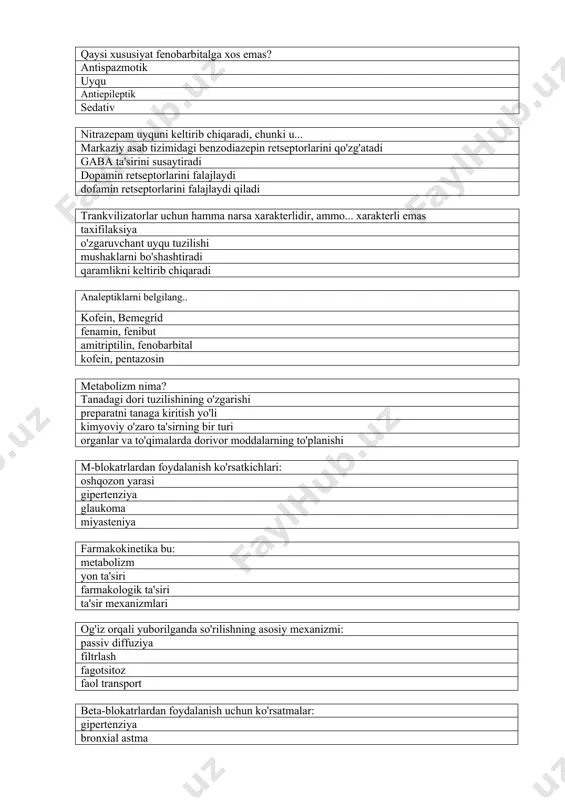 nimesil difengidramin, analgin fenamin, papaverin parkinson kasalligi uchun ishlatiladigan vositalar: levodopa aminazin fenobarbital geksenal omnopon rag'batlantiradi: vagus nerv markazini yo'tal markazi qon-tomir markazi nafas olish markazi bradikardiyani keltirib chiqaradi: beta-blokerlar alfa-blokerlar m-antixolinergiklar sempatomimetika antipsikotikni tanlang(butirofenon hosilasi): droperidol levomepromazin karbamazepin natriy karbamazepin oksibutirat aminazinga xos bo'lgan farmakologik ta'sirlarni belgilang? markaziy dofamin retseptorlari blokadasi adreno va xolinergik retseptorlari stimulyatsiyasi benzodiazepin retseptorlari iingibatsiyasi dofamin retseptorlari stimulyatsiyasi aminazinning yon ta'siri qanday? ekstrapiramidal kasalliklar narkotiklikka qaramlik eyforiya uyqusizlik, eyforiya m-xolinoblokatorlar qo'llanilmaydi: glaukomada oshqozon yarasi kasalligi bronxial astma bradyaritmiyalar adrenergik sinapslarni rag'batlantiradi: efedrin, norepinefrin reserpin, prazosin atropin, metatsin anaprilin, izadrin aminazin ... qo’llaniladi o'tkir psixozlarda, chidab bo'lmas qusishda uyqu tabletkalari yoki narkoz bilan zaharlanishda yurak stimulyatsiyasi va aritmiyalarda yurak blokadasi va aritmiya uchun benzodiazepin trankvilizatorlari uchun bu xarakterlidir ... uyqu boshlanishiga hissa qo'shadi yuquni qochiradi qon bosimining oshishiga olib keladi kardiotonik ta'sirga ega trankvilizatorlar keltirib chiqaradigan nojo'ya ta'sirlar.. narkotiklikka qaramlik uyqusizlik, asab tizimining charchashi ekstrapiramidal kasalliklar …