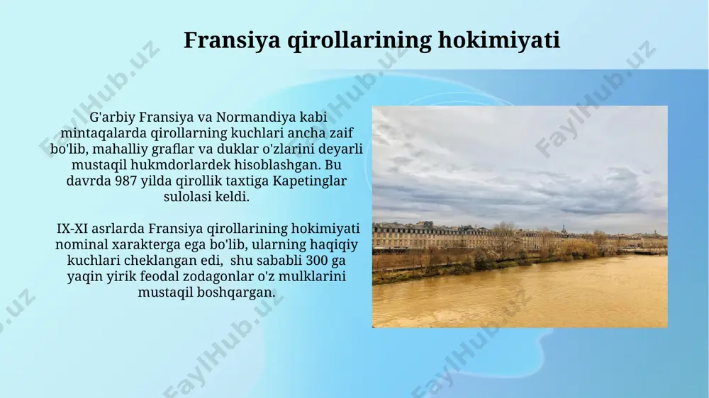 g 1066-yilda angliyaga bosqini, buyuk britaniyaning tarixida katta o'zgarishlarni keltirib chiqardi va fransiya bilan angliya o'rtasidagi uzoq muddatli raqobatning boshlanishiga sabab bo'ldi. shimoliy fransiya hududlarida, masalan, parij yaqinida, 9-11 asrlarda musulmonlarning andalusiyadan hujumlari sodir bo'ldi, ammo ular katta miqyosda bo'lmagan. ix-xi asrlarda fransiyaning siyosiy xaritasi 10-11 asrlarda fransiya qiroli kuchsiz bo'lib, feodal lordlarning ta'siri kuchayib, ular o'zlarining yerlarini mustaqil boshqarganlar va qiroldan ozod bo'lishga intilishgan. ix-xi asrlarda fransiya siyosiy xaritasida karolinglar imperiyasi parchalanganidan keyin ko'plab kichik feodal knyazliklari, masalan, normandiya, akvitaniya va burgundiya kabi hududlar paydo bo'ldi. 10-11 asrlardagi aholi va jamiyat janubiy fransiyaning provans viloyatida 11-asrda shahar aholisi sonining keskin o'sishi kuzatilgan bo'lib, bu o'sish asosan, yangi savdo yo'llari va gullab-yashnayotgan sanoat tarmoqlarining rivojlanishi bilan bog'liq edi. 10-11-asrlar davomida normandiya va shimoliy fransiyada dehqonlarning aholisi jamiyatning asosiy qismini tashkil etib, ularning 90% dan ortig'i qishloqlarda yashab, feodal zodagonlarga xizmat qilishgan. shaharlarning rivojlanishi va savdo 9-11 asrlarda fransiyaning janubidagi shaharlar, …