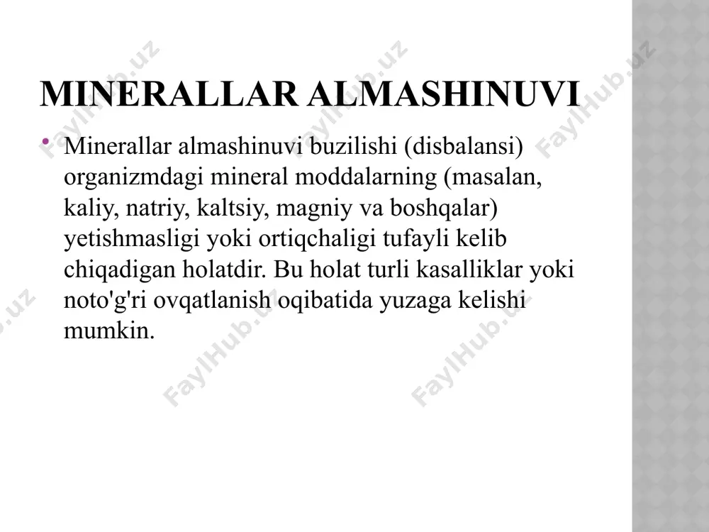 yoki d vitamini qabul qilish giperkaltsiemiyaga olib kelishi mumkin. alomatlari: mushaklar zaifligi qattiq chanqoq qorin og‘rig‘i va qabziyat ko‘ngil aynishi va qusish yurak ritmining buzilishi 2. gipokaltsiemiya (qonda kaltsiy miqdorining kamayishi) bu holat qonda kaltsiy miqdorining normadan past bo‘lishi bilan tavsiflanadi. asosiy sabablar: paratgormon yetishmovchiligi: qalqonsimon bezda muammo yuzaga kelganda paratgormon yetarlicha ishlab chiqarilmaydi va qonda kaltsiy kamayadi. d vitamini yetishmovchiligi: d vitamini kaltsiyning ichak orqali so‘rilishiga yordam beradi. uning yetishmasligi gipokaltsiemiyaga olib keladi. buyrak kasalliklari: buyraklar kaltsiyni filtrlashda va d vitaminini aktiv shaklga aylantirishda rol o'ynaydi, shuning uchun ularning disfunktsiyasi kaltsiy yetishmovchiligiga olib kelishi mumkin. alomatlari: mushak spazmlari oyoq-qo‘llarning uvishishi yoki titrashi asabiylik va uyqusizlik yurak ritmining buzilishi suyaklarning mo‘rtligi 3. osteoporoz (suyak to'qimalarining zaiflashuvi) bu kasallik kaltsiy almashinuvining uzoq muddatli buzilishi oqibatida yuzaga keladi va suyak zichligining kamayishi bilan bog‘liq. osteoporozda suyaklar mo‘rtlashib, sinish xavfi ortadi. bu ko‘proq menopauzadan keyin ayollarda, shuningdek, d vitamini yoki kaltsiy yetishmovchiligi bilan …