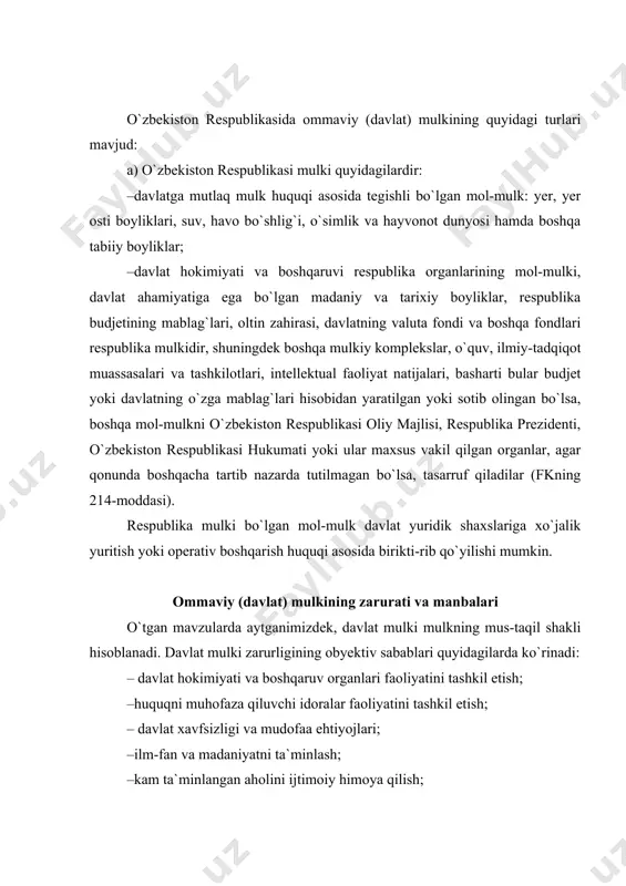 fatlarga va favqulodda holatlarga qarshi kurash va uning oqibatlarini bartaraf etish; – ba`zi tarmoqlarda ishlab chiqarish faoliyatini amalga oshirish (masalan, atom, yonilg`i energiyasi kabi). davlat mol-mulki quyidagi manbalardan shakllanadi: –soliqlar; –mahalliy yig`imlardan; –ishlab chiqarish faoliyatidan olingan daromaddan; –kreditlar va zayomlardan; –davlat mulkini xususiylashtirishdan tushgan daromadlardan; –natsionalizatsiyadan; –rekvizitsiyadan; –musodaradan; –topilmalardan; –xazinalardan; –egasiz ashyodan; –turli shartnoma (kontrakt)lardan; –xorijiy mamlakatlarda ko`chmas mulk sotib olishdan va hokazo. b) ma`muriy-hududiy tuzilmalar mulki (munitsipal yoki kommunal mulk). mazkur mulk tarkibiga mahalliy budjet mablag`lari, munitsipal uy-joy fondi va kommunal xo`jalik korxonalar va boshqa mulkiy komplekslar, xalq ta`limi, madaniyat, sog`liqni saqlash muassasalari va boshqa mol-mulk munitsipal mulk bo`ladi. munitsipal mol-mulkni qonun hujjatlarida boshqacha tartib nazarda tutilmagan bo`lsa, davlat hokimiyati mahalliya organlari yoki ular vakil qilgan organlar tasarruf etadilar. mulkni davlat tasarrufidan chiqarish va xususiylashtirish 1991 yil 19 noyabrda bu haqda maxsus qonun qabul qilingan. mazkur qonunning qabul qilinishiga quyidagilar obyektiv sabablar bo`ldi: 1. totalitar tuzumda shaxsning mulkdan begonalashuvi …