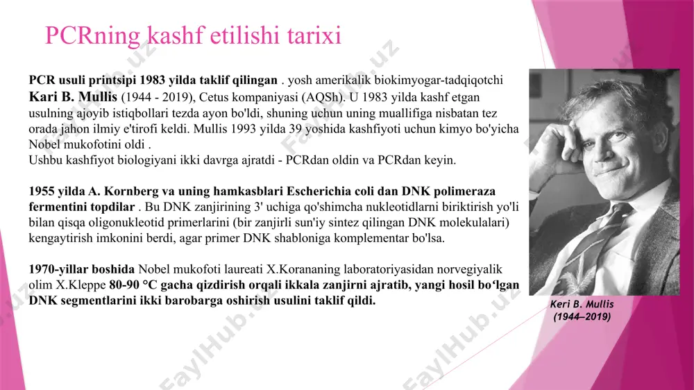ravishda tasvirlangan . sssrda shunga o'xshash shtammlar kamchatkadagi vulqon kelib chiqishi issiq buloqlaridan ajratilgan. t. aquaticus gram-manfiy, novdasimon, oʻta termofil bakteriya boʻlib, geyzerlarda va harorati 55 °c dan yuqori boʻlgan boshqa issiq buloqlarda yashaydi. u yuqori haroratga chidamli fermentlarni, xususan, molekulyar genetik tadqiqotlarda ajralmas reagent bo'lib xizmat qiluvchi taq polimeraza (termostabil dnkga bog'liq dnk polimeraza) ni sintez qiladi. taq polimeraza uchun optimal harorat 70-80 °c dir. 1985 yil mullis va uning ishlab chiqish guruhi 1987 yil 28 iyulda tasdiqlangan patentga murojaat qildi. 1985 yil dekabr oyida science jurnali kari mullisning pcr bo'yicha birinchi maqolasini nashr etdi. , perkinelmer cetus instruments (peci) qo'shma korxonasi ochildi , u pcr tsiklining birinchi prototipini - mr. velosiped . va faqat 1987 yilda birinchi ommaviy qurilma pcr-1000 thermal sotuvga chiqdi. velosipedchi . pcr tamoyili va mexanizmlari pcr dnkning noyob qobiliyatiga asoslanadi. asosiy vazifasi ma'lum bir yuqumli agentga xos bo'lgan dnk fragmentini (rnk), agar u namunada …