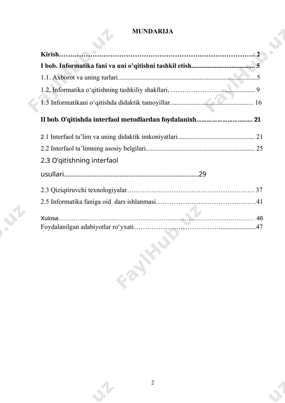 orida zamonaviy fikrlovchi pedagogik kadrlar tayyorlashga, ta`lim jarayonida ilg`or pedagogik va axborot- kommunikatsiya texnologiyalari, shuningdek elektron talim resurslari va mul`timedia taqdimotlaridan foydalanishni yo`lga qo`yishga alohida e`tbor qaratilishiga urg`u berilgan. shu munosabat bilan bugungi kunda yuqorida aytilgan bilimlarni pedagoglar tomonidan o`rganish dolzarb vazifalardan biri hisoblanadi. ishning dolzarbligi. pedagogik texnologiyalarning rivojlanishi va ularning o`quv-tarbiya jarayoniga kirib kelishi, shuningdek, axborot texnologiyalarining tez almashinuvi va takomillashuvi jarayonida har bir inson uchun o`z kasbiy tayyorgarligini, mahoratini kuchaytirish imkoniyati yaratiladi. ta`lim-tarbiya jarayoniga interfaol metodlarni tadbiq etish kadrlar tayyorlashga yo`naltirilgan umumiy jarayon mazmunining sifat jihatdan o`zgarishni ta`minlaydi. o’qitishda interfaol metodlarni informatika darslarida qo’llash bo’yicha a.a.abduqodirov, f.zokirova, d. ro’ziyeva va boshqa shu kabi olimlar tomonidan o‘qitish jarayonida foydalanish imkoniyatlari o‘rganilgan.[5,22] lekin informatikani o’qitishda interfaol metodlardan foydalanishni uzluksiz ta’lim tizimining barcha bo’g’inlarida qo’llash borasidagi ilmiy tadqiqotlar yetar-licha o’rganilmagan. hozirgi kunda o’qitishda interfaol metodlardan foydalanish uning mazmun mohiyatini bilish juda muhimdir. uning ta’limda qo’llanilishi esa o’quv jarayonini samaradorligini oshirish yo’llaridan …