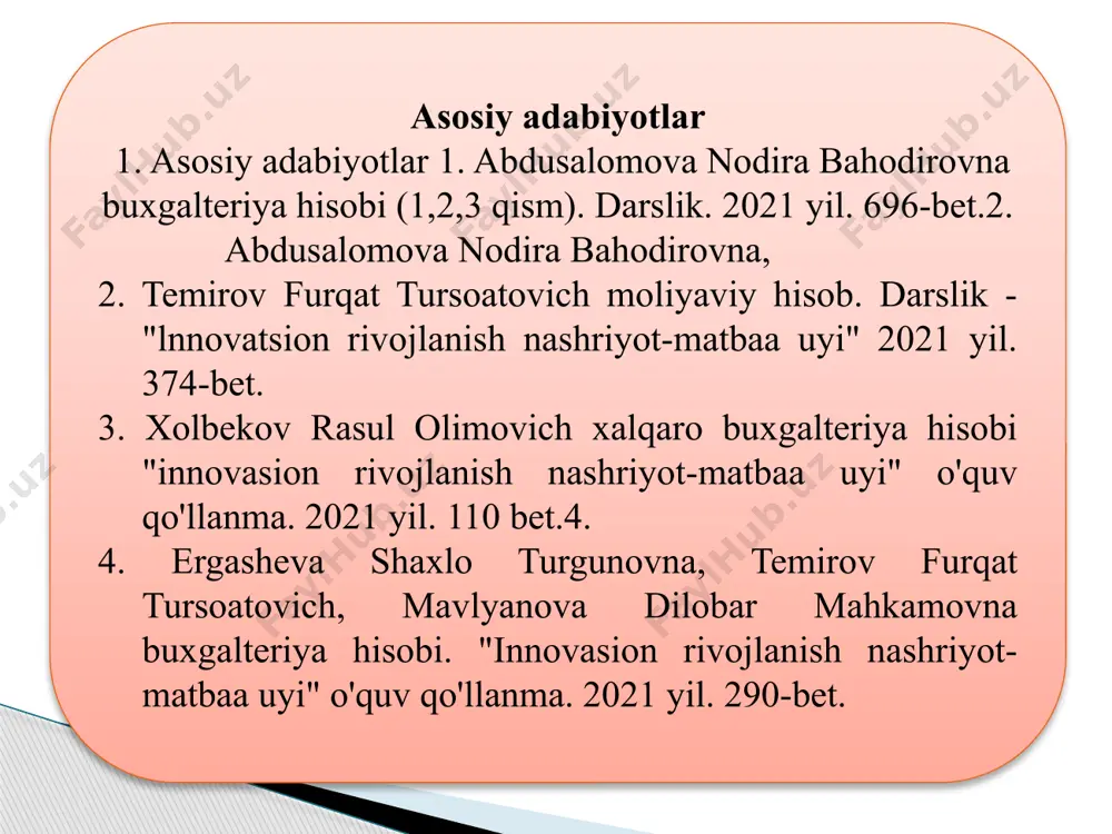 zatish va aks ettirish hamda jamiyat taraqqiyoti qonuniyatlarini o‘rganish tizimidir. statistik hisob xo‘jalik yurituvchi subektning mablag‘lari va ular manbalarining harakatini aks ettirib, xo‘jalik jarayonida sodir bo‘ladigan muomalalarni yoppasiga va uzluksiz kuzatib borish, kuzatish natijalarini o‘lchash va hujjatlarda rasmiylashtirish, ularni yagona bir o‘lchovda, ya'ni pul ifodasida umumlashtirish hamda boshqaruv qarorlarini asoslash va qabul qilish uchun zarur ko‘rsatkichlarni hisoblash va baholash, ularni tegishli axborotdan foydalanuvchilarga taqdim etish maqsadida moliya-xo‘jalik faoliyatini nazorat qilish tizimidi natura o'lchov birligi vaqt (mehnat) o'lchov birligi pul o'lchov birligi hisob tizimida qo'llaniladigano'lchov birliklar 4. buxgalteriya hisobining schyotlari va uning tuzilishi. buxgalteriya schyotlari korxonaning iqtisodiy resurslari va ularga bo‘lgan talabning holati va harakati to‘g‘risidagi buxgalteriya ma’lumotlarini qayd qilish va saqlash usulidir. schotlarning iqtisodiy mazmuniga ko‘ra turkumlanishi xo‘jalik mablag‘lari (aktivlar)ni hisobga oluvchi schyotlar xo‘jalik mablag‘larining manbalarini (passivlar) hisobga oluvchi schyotlar moliyavi natijalarini hisobga oluvchi schyotlar uzoq muddatli aktivlarni hisobga oluvchi schyotlar tmzlarni hisobga oluvchi schyotlar kelgusi davr xarajatlari va kechikti-rilgan …