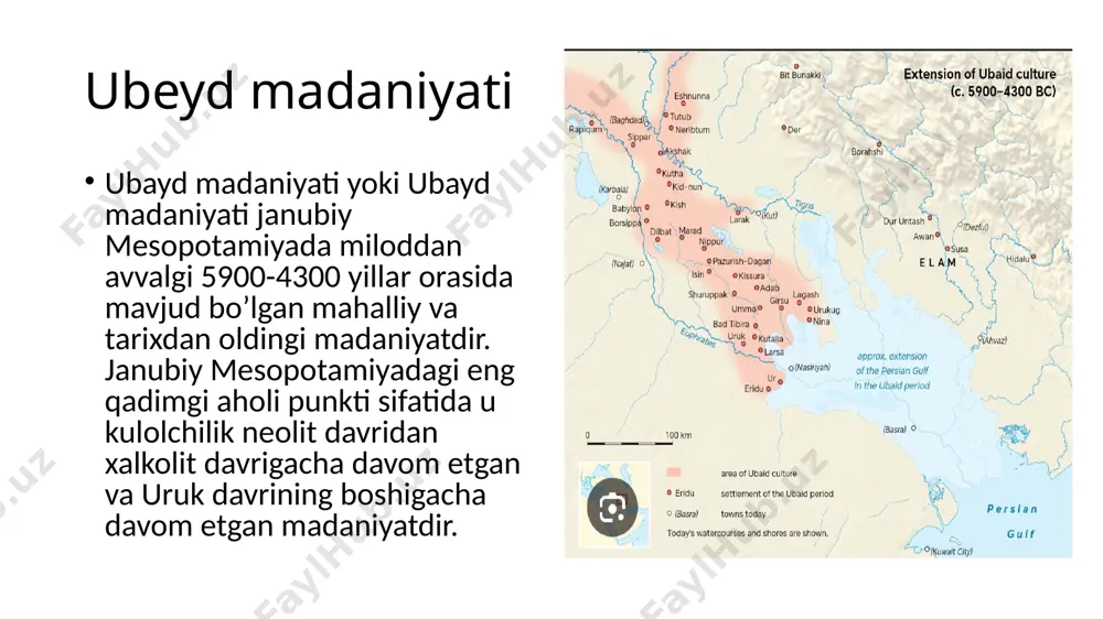 vishda o’zaro bog’langan aholi punktlari dunyosi” va “ko’p qatlamli, mintaqaga xos an’analar” sifatida belgilangan. eridu shahrida ibodatxonalar ubayd davrining ikkinchi bosqichida qurilgani ko’rinadi. uchinchi bosqichda madaniyatning shimolga yoyilganligi tushuniladi. to’rtinchi bosqich deb belgilangan davrda u butun mesopotamiyaga tarqaldi. mesopotamiyadan tashqariga chiqib, sharqiy va janubi-sharqiy anadolu, sharqiy o’rta er dengizi va chukurovaga yoyilgan kech ubayd madaniy ta’sirlari o’rganildi. sug’orma dehqonchilik qishloq xo’jaligi ishlab chiqarishni ko’paytirsa-da, mesopotamiyada yog’och, tosh va mineral yo’q. resurslari sezilarli darajada o’sib borayotgan bu jamiyatlar ushbu ehtiyojlarni, to’g’rirog’i, xom ashyoni tashqi mintaqalardan ta’minlashga moyil bo’lib, mintaqadan tashqarida tijorat mustamlakachiligi sodir bo’la boshladi. ko‘pgina aholi punktlarining ubayd qatlamlaridan loy, suyak va turli toshlardan yasalgan ko‘plab shtamplar va silindr muhrlar topilgan. qayd etish joizki, neolit ​​davrida jamoat binolarida ko‘rilgan gil muhrlar ubayd davridagi turar-joylardan ham topilgan. muhrlarning keng qo’llanilishi savdo ko’rsatkichi bo’lganligi qabul qilinadi. boshqa tomondan, o’sib borayotgan ortiqcha mahsulotni qo’lga kiritgan hukmron tabaqa xalq ustidagi ruhiy kuchini qo’llab-quvvatlovchi yirik …