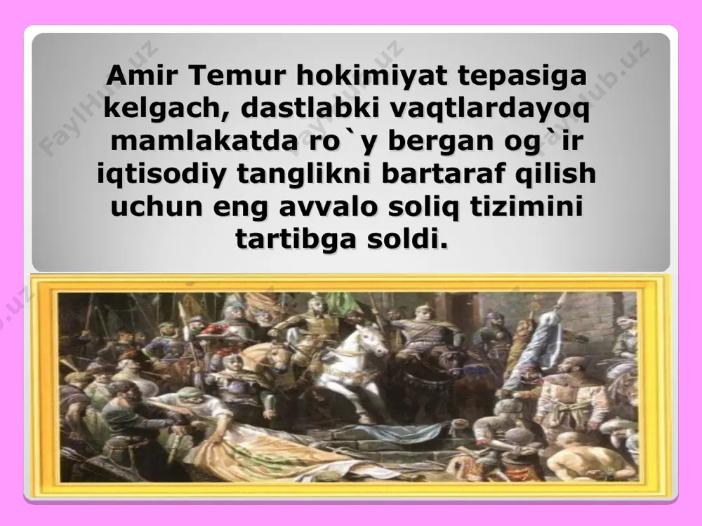 movarounnahrni mo`g`ullar hukmronligidan ozod etib, bu qad. mamlakatda mustaqil davlat barpo etgan bo`lsada, hali mamlakatda barqaror tinchlik o`rnatilgan emas edi. bir tomondan ayrim viloyat hokimlari amir temur hakimiyatini tan olishdan bosh tortib turgan bo`lsalar, ikkinchi tomondan mamlakatning sharqiy va shim. hududlari notinch edi. mo`g`uliston bilan oq o`rda hukmdorlari farg`ona vodiysining sharqi, o`tror, yassi (turkiston) va sayram sh.lariga xavf solib, bu hududlarga tez-tez hujum qilar va aholini talontaroj qilardi. shuning uchun ham amir temur dastlabki yillarda mamlakat sarhadlari xavfsizligini ta`minlashga katta ahamiyat berdi. isyonchi amirlarga qarshi shafqatsiz kurash olib bordi. * 1346-1348 yillarda chig’atoy ulusi ugadayxon avlodi donishmandxon o’tirdi, ammo amir qazag’an bilan kelisha olmagach, uning hayotiga nuqta qo’yildi. endi taxatga chig’atoy bayonqulixon o’tqazildi. lekin ikki o’rtadagi adovat kuchaya borib 1355 yili amir qazag’onning o’limi bilan yakun topdi. amirning o’g’li abdulla uning tarafdorlari tomonidan otasi o’rniga amir ul-umaro qilib qo’yildi. u esa o’z navbvtida bayonqulixonni yo’q qilish payiga tushdi. 1358 yili …