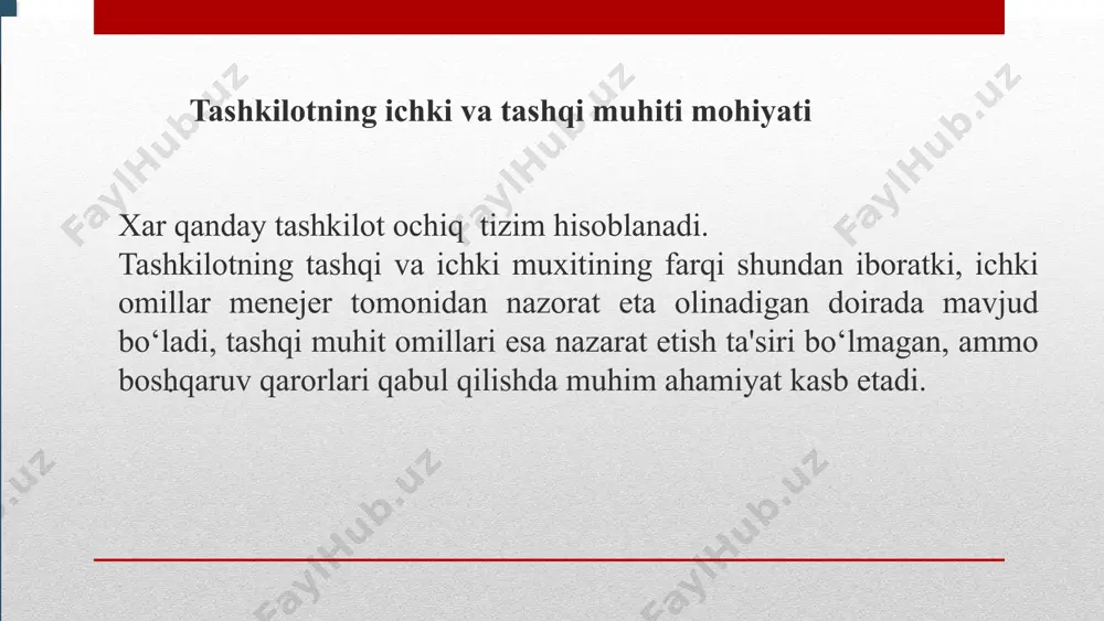 sm. raqobat muhitini tahlilidagi bosh dastak-besh faktorli raqobat modeli raqobatning shakllari va intensivligi bu tarmoq tafsiloti va raqobat xolatini tahlilida asosiy o‘rin egallovchi jihat bo‘lib, unga tayanmay to‘laqonli strategiya ishlab chiqib bo‘lmaydi. raqobatning besh omili iqtisodiyot tarmoqlarida raqobat intensivligi qanday bo‘lishidan qat'iy nazar, ularni tahlil qilishda umumiylik va tegishli ketma-ketlik mavjud. garvard biznes maktabi professori maykl porter fikricha, muayyan tarmoqda raqobatga aloqador besh omil mavjud. 1. tarmoqdagi a'zolar o‘rtasidagi raqobat. 2. tarmoqqa yangi kirib kelishi mumkin bo‘lgan raqobatchilar tomonidan xavf. 3. boshqa tarmoqlarda almashtiruvchi-tovarlar ishlab chiqaruvchilar tomonidan raqabat. 4. ta'minotchilarning raqobat bosimi, bosimi-ta'minotchilar tomonidan shartlar va munosabatlarni saqlash va ular bilan birgalikda harakatlanish, ular oldida mas'uliyat 5. iste'molchilar raqobat bosimi - iste'molchilar tomonidan shartlar va munosabatlarni saqlash va ular bilan birgalikda harakatlanish, ular oldida mas'uliyat. strategik boshqaruvning tuzilishi tashqi muhit tahlili baholash va bajarilishini nazorat etish strategiyani tanlash strategiyani amalga oshirish missiya va maqsadlarni aniqlash tashkilot ichki muhiti elementlari vazifalar …