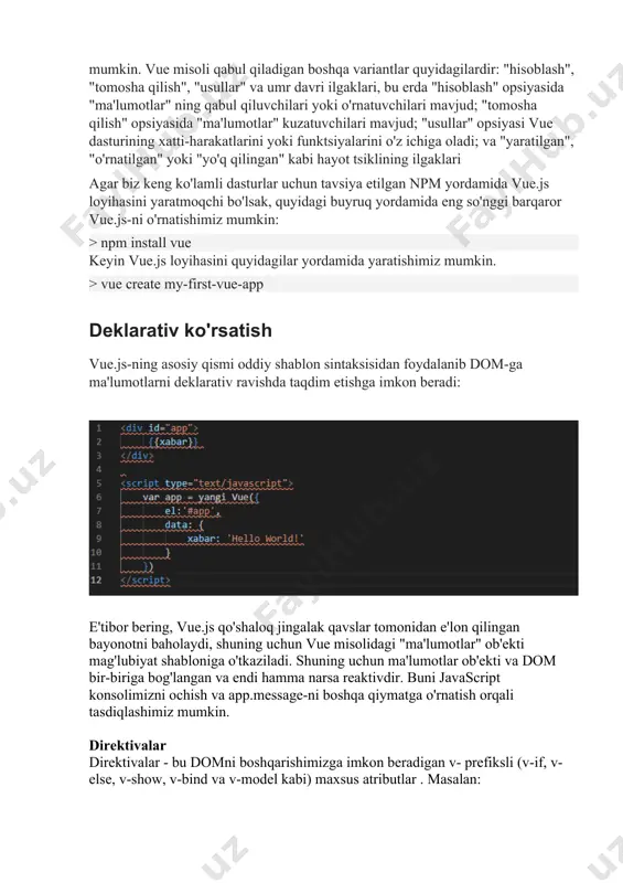 tomosha qilish, usullar va hayot aylanishining ilgaklarini qabul qilishadi. quyidagi rasmda odatiy dastur interfeysi qanday qilib uchta komponentga ajratilganligi ko'rsatilgan: sarlavha, yon panel va tanasi. quyida deb nomlangan vue komponentidan foydalanish misoli keltirilgan: bu erda biz sintaksis bilan komponent yaratamiz: vue.component, bu erda birinchi parametr komponent nomi va uning variantlari: "ma'lumotlar" va "shablon". vue komponentlarini biz xohlagancha qayta ishlatish mumkin; misolda biz dan uch marta foydalanamiz. e'tibor bering, tugmachalarni bosganda ularning har biri alohida, alohida hisoblashni amalga oshiradi. buning sababi shundaki, har bir komponentdan foydalanganda yangi misol yaratiladi. asosiy misol vue komponentining namunasi: komponentlar nomi bilan qayta ishlatilishi mumkin bo'lgan vue misollari: bu holda . ushbu komponentni yangi vue bilan yaratilgan root vue misoli ichida maxsus element sifatida ishlatishimiz mumkin: komponentlar vue-ning qayta ishlatilishi mumkin bo'lganligi sababli, ular yangi vue-ning bir xil variantlarini, masalan, ma'lumotlar, hisoblash, tomosha qilish, usullar va hayot aylanishining ilgaklarini qabul qilishadi. faqatgina istisnolar el kabi bir …