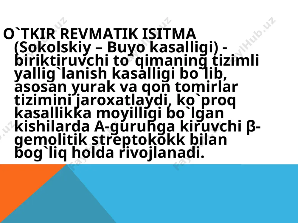nasiyasi klinika kasallik boshlanishi belgilari bemorning yoshi bilan bog’liq. bolalarda anginadan 2-3 hafta o’tib, to’satda tana harorati ko’tariladi, artrit, kardit belgilari kuzatiladi. boshqa bemorlarda monosimptom kechishi mumkin. o’smirlar va yoshlarda asta-sekin subfebril temperatura, yirik bo’g’imlarda artralgiya, karditning ba’zi belgilari bilan boshlanishi mumkin. o’ri qayta xurujlari (residiv) ko’p hollarda streptokokkli infeksiya bilan bog’liq va asosan kardit rivojlanishi bilan namoyon bo’ladi. anamnezida yaqinda o’tkazilgan tomoq infeksiyasi xoreya isitmaa revmatik kardit xalqasimon eritema va teri osti tugunchalari revmatik poliartrit xalqasimon eritema klinikasi taniqli olim - pediatr a.a. kisel (1939) kasallik asosiy belgilariga «kasallikning absolyut simptomokompleksi» deb ta’rif bergan poliartrit, kardit, xoreya alohida uchrashi mumkin, lekin ko’pincha birgalikda kuzatiladi. klinika revmatik poliartrit– revmatik isitmaning asosiy belgisi hisoblanib, bemorlarning 2/3 qismida kuzatiladi. artrit uchib yuruvchi xarakterga ega. bo`g`imlardagi og`riqlar xarakatning cheklanishiga olib kelishi mumkin. bir vaqtning o`zida bo`g`imlarda shish, ba'zan bo`g`im usti teri qoplamining qizarishi kuzatiladi. revmatik poliartrit asosiy belgilari: • o’tkir boshlanishi; • isitma; …