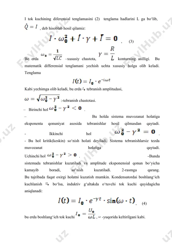 ents kuchlanish xavsiz kuchlanishdan katta bo‘lganda doimo maxsus xavfsiz ulash konnektorlardan foydalaning. zanjirga kondensator ulashdan oldin kondensator uchlarini qisqa tutashtirib razryadlang (kondensatorda katta kuchlanish saqlangan bo‘lishi mumkin).induktiv g‘altaklarni darhol manbadan ajratmang, razryadlanishini kuting. kuchlanishning sakrashi kuztilishi mumkin. image6.png image7.png image8.png image9.png image10.png image11.png image12.png image13.png image14.png image15.png image16.png image17.png image18.png image19.png image20.png image21.png image22.emf image23.png image24.png image25.jpeg image26.png image27.png image28.png image29.png image1.png image2.jpeg image3.png image4.png image5.png u b1 v -30 -20 -10 0 10 20 30 i a1 a -0,01 0 0,01 t / s 1520 fizpraktikum 201 8 5 – laboratoriya ishi /docprops/thumbnail.emf fizpraktikum 2018 5 – laboratoriya ishi