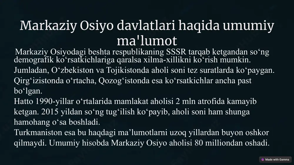 ing 10 mln nafardan oshiqrog‘ini ayollar, qariyb 10 mln nafarini erkaklar tashkil etadi. ayollar erkaklardan qariyb 400 ming nafarga ko‘p. qozog‘istonda aholining o‘rtacha umr ko‘rish yoshi 74,4 yoshni, bunda o‘rtacha yosh erkaklarda 70,2, ayollarda 78,4 ni tashkil etadi. qozog‘iston hududi juda katta. shu sababli bu yerda aholi zichligi uncha yuqori emas. mamlakat bo‘ylab o‘rtacha 1 kilometr kvadratga 7,3 nafar odam to‘g‘ri keladi. . 7 tojikiston respubliksi aholisi. markaziy osiyoda aholi soni bo‘yicha uchinchi o‘rinda tojikiston joylashgan. bu davlat hududining 93 foizi tog‘, qir va adirliklardan, 7 foiz yeri tekislikda joylashgan. garchi uy-joy qurib, joylashish noqulay va bo‘lsa ham bu davlatda aholi soni yuqori dinamika bilan o‘sib kelayapti. 1992 yilda tojikistonda fuqarolar urushi boshlandi va u qisman 1997 yilgacha davom etdi. talato‘plar sodir bo‘lganda mamlakatda yashovchi rusiyzabonlarning aksariyati xorijiy davlatlarga ko‘chib ketdi. mahalliy xalq vakillari ham rossiyaga, bir qismi o‘zbekistonga ko‘chdi. talato‘plar tingandan keyin ham uzoq yillar mamlakatda iqtisodiy ahvol juda …