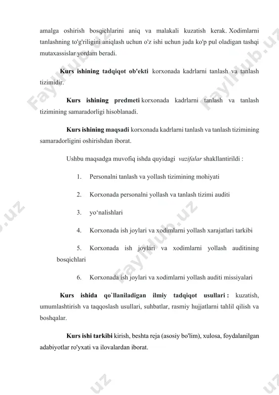 ladigan talablar va tanlash usullari ko‘rsatilgan holda bo‘sh ish o‘rinlariga nomzodlarni tanlash tizimi to‘g‘risidagi ichki nizom; f) kadrlar hisobi bo'yicha hujjatlar (standart shakllar); g) mehnat shartnomasi, jamoa shartnomasi. ishga qabul qilish funktsiyasining samaradorligini baholash quyidagi ko'rsatkichlar bo'yicha amalga oshirilishi mumkin: · vakansiyaning amal qilish muddati; · bo'sh ish o'rinlari e'loniga javob berganlar sonining tanlovda qatnashish uchun taklifnoma olganlar soniga nisbati; · taklifnoma olganlar sonining ishga qabul qilinganlar soniga nisbati; · ishga qabul qilinganlar sonining ishda qolganlar soniga ishga qabul qilinganlarning umumiy sonidan rahbariyatni qanoatlantirganlar soniga nisbati; · qabul qilish va tanlash xarajatlarining abituriyentlar soniga nisbati ish; · bo'sh ish o'rinlarining umumiy sonida o'z xodimlari tomonidan to'ldirilgan bo'sh ish o'rinlari soni; · yangi ishga qabul qilingan mutaxassislarning ish haqining umumiy qiymatining ularni tanlash xarajatlariga nisbati. ishga qabul qilingan ishchilar sifatini baholash (kn) quyidagicha amalga oshiriladi: kn \u003d (rk + pr + op ) / h, qayerda: pk - ishga qabul qilingan …