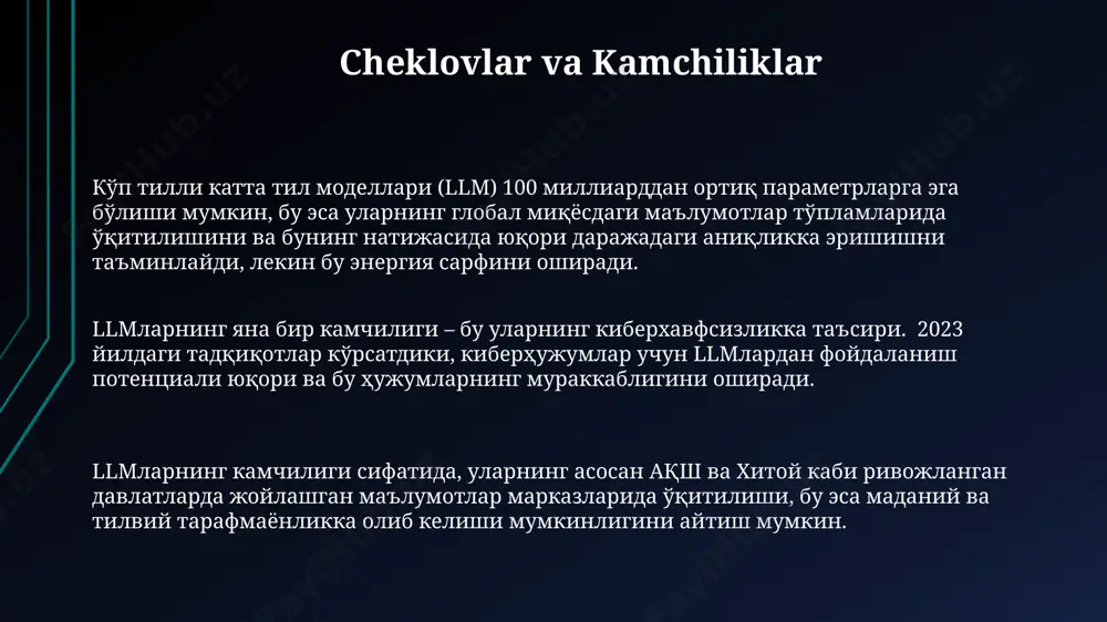 рини бузиши мумкин. ақш ва европа иттифоқидаги 500 дан ортиқ мутахассислар гуруҳи катта тил моделларининг этикаси ва хавфсизлигини тартибга солиш бўйича ҳуқуқий меъёрларни ишлаб чиқишга чақирмоқда. arxitektura va mexanizmlar llm larning mexanizmlari, masalan, bert yoki gpt-3 kabi modellar, matnni tushunish va generatsiya qilish uchun ko'p qatlamli o'zaro bog'langan neyron tarmoqlardan foydalanadi. katta til modellari (llm) ning arxitekturasi transformer tarmoqlari, masalan, 175 milliard parametrli google'ning "lamda" modeli kabi, chuqur o'rganish algoritmlariga asoslangan. 2022 yilda aqshda ishlab chiqilgan ba'zi llm lar 1 trillion parametrdan ortiq bo'lib, ularning murakkabligi va hisoblash quvvatiga bo'lgan talabini ko'rsatadi. e'tiboringiz uchun rahmat @taqdimot_robot