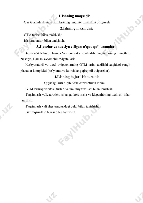 h klapanining tirqishi, mm 4 klapanlarning joylashishi 5 tirsakli valning joylashishi 2.2-rasm. gtm qismlarining shakllari va gaz taqsimlash davrining diagramasi. a - gtm qismlarining tuzilish shakllari; b - gaz taqsimlash davrining diagrammasi foydalaniladigan adabiyotlar: 1. a. muxitdinov va boshqalar. avtomobillar. konstruktsiyasi asoslari. 2.“istiqilol nuri” nashriyoti. t.:2015yu 332 bet. 3.a. muxitdinov, b.sattivaldiev, sh.xakimov “transport vositalarining tuzilishi” (dsign of vehicles) “ta’lim nashriyoti” toshkent-2014 y 158 b. 4.fayzullayev e.z. transport vositalari tuzilishi va nazariyasi. darslik. 1-qism. t.: “yangi asr avlodi”, 2006. -375 b. 5.mamatov.x avtomobillar (avtomobillar konstruktsiyasi asoslari). 1-qism. toshkent, «o’qituvchi», 1995-y. 6.mamatov.x avtomobillar (avtomobillar konstruktsiyasi asoslari). 2-qism. 7.toshkent, «o’qituvchi», 1998-y. image1.jpg