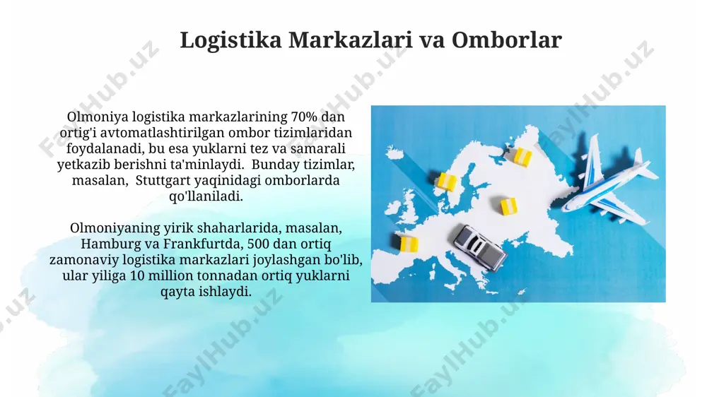 aeroporti kabi yirik transport markazlarini modernizatsiya qilishni rejalashtirmoqda. havayo'llari “havayo'llari” kompaniyasi olmoniya ichidagi 20 dan ortiq shaharga mahalliy yuklarni yetkazib berish uchun o'zining keng miqyosli avtoulov va temir yo'l tarmog'idan foydalanadi, bu esa yetkazib berish vaqti va samaradorligini oshiradi. “havayo'llari”ning germaniyaning olmoniya shtatidagi 5 ta yirik aeroporti, jumladan, frankfurt aeroporti bilan 300 dan ortiq muntazam reyslarni amalga oshiruvchi keng tarmoqqa ega ekanligi ma'lum. transport infraktuasiyasi mamlakatning yirik shaharlari, masalan, berlin, myunxen va gamburg oʻrtasida yuqori tezlikdagi temir yoʻllar rivojlangan boʻlib, kuniga minglab tonna yuk tashishni taʼminlaydi. reyna daryosi boʻylab 1500 km dan ziyod suv yoʻllari mavjud boʻlib, bu olmoniyaning ichki suv transporti tizimining muhim qismini tashkil etadi va ogʻir yuklarni tashishda katta rol oʻynaydi. ommaviy transport germaniyaning ommaviy transport tizimi, "deutsche bahn" (db) kabi yirik milliy temir yo'l kompaniyalari tomonidan boshqariladi va yiliga 2 milliarddan ortiq yo'lovchini tashiydi, mamlakatning turli hududlarini bog'laydi. olmoniyaning ommaviy transporti, 13 000 dan ortiq avtobuslar, …
