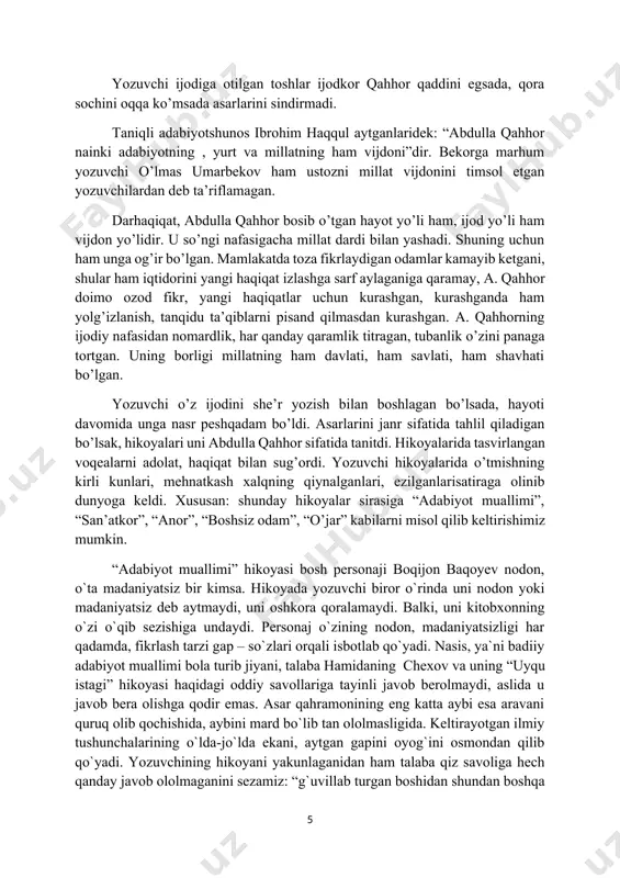 oshlarning zarbi qanchalar og’ir bo’lganini yozuvchining “sarob” romanini yozganda sochimda bir tola ham oq (soch) yo’q edi, ammo u yozuvchilar uyushmasida tanqid ostiga olinganida, undan tinimsiz siyosat izlanganidan keyin bir tola ham qora sochim qolmadi” degan fikri ham buni isbotlaydi. yozuvchi ijodiga otilgan toshlar ijodkor qahhor qaddini egsada, qora sochini oqqa ko’msada asarlarini sindirmadi. taniqli adabiyotshunos ibrohim haqqul aytganlaridek: “abdulla qahhor nainki adabiyotning , yurt va millatning ham vijdoni”dir. bekorga marhum yozuvchi o’lmas umarbekov ham ustozni millat vijdonini timsol etgan yozuvchilardan deb ta’riflamagan. darhaqiqat, abdulla qahhor bosib o’tgan hayot yo’li ham, ijod yo’li ham vijdon yo’lidir. u so’ngi nafasigacha millat dardi bilan yashadi. shuning uchun ham unga og’ir bo’lgan. mamlakatda toza fikrlaydigan odamlar kamayib ketgani, shular ham iqtidorini yangi haqiqat izlashga sarf aylaganiga qaramay, a. qahhor doimo ozod fikr, yangi haqiqatlar uchun kurashgan, kurashganda ham yolg’izlanish, tanqidu ta’qiblarni pisand qilmasdan kurashgan. a. qahhorning ijodiy nafasidan nomardlik, har qanday qaramlik titragan, …