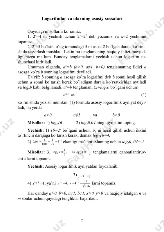 7 5 2 . 12 log ) 4 ; 9 log ) 3 ; 15 log ) 2 ; 4 log ) 1 ) 306 3 , 1 8 , 0 7 3 . 2 1 ) 4 ; 3 2 ) 2 . 303 ; 16 1 ) 4 - . 2 ) 10 ; 0 ) 8 ; 3 40 log ) 6 8 x log x log 1 a 2 a > 1 2 log log x x a a a a > x log x log 1 a 2 a > b a b a = log ) 2 ( log 3 1 - = x y )2(log 3 1  xy ) 2 ( 3 log - = x y )2( 3 logxy ) 2 ( log 3 1 - = x y a 1 0 1 ) 2 ( log 3 1 - = …