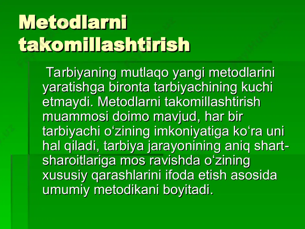 sbotlangan. halq pedagogikasi halq pedagogikasi namunalari, tarbiya metodlari va tarbiyaviy ta’sirlar muayyan vositalar yordamida qo‘llanilgan. mehmon kutish, mehmonga borish, turli mehnat jarayonlari, hasharlar, turli gurunglar (choyhona, to‘y marosimlari), sayillar, oilaviy an’analar (tug‘ilgan kun, fuqarolik pasporti, umumiy o‘rta, o‘rta maxsus hamda oliy ma’lumotga egalik to‘g‘risidagi attestat va diplom, shuningdek, davlat mukofotlarini olish kabi holatlarni nishonlash) va musobaqalar o‘ziga hos tarbiya vositasisanaladi. ijtimoiy ongni ijtimoiy ongni shakllantiruvchi metodlar o‘quvchilarda ma’naviy-axloqiy sifatlar, e’tiqod hamda dunyoqarashni shakllantirish maqsadida ularning ongi, his-tuyg‘usi va irodasiga ta’sir ko‘rsatish usullari sanaladi. bu guruh usullarining mohiyati shundaki, ular orqali o‘quvchilar ongiga jamiyatda ustuvor o‘rin tutuvchi ijtimoiy g‘oya va maqsadlar singdiriladi. yoshlar dunyoqarashini shakllantirish, ularning hayot mazmunini tushunib olishlariga ko‘maklashish uchun ijtimoiy ongni shakllantiruvchi usullar qo‘llaniladi. o‘quvchilarda g‘oyaviy ongl o‘quvchilarda g‘oyaviy onglilik va ijtimoiy faollik, ya’ni, davlatning ichik va halqaro siyosati mazmunini tushunish va idrok qilish ko‘nikmalarini tarbiyalash lozim. tushuntirish ijtimoiy ongni shakllantirishda eng ko‘p ishlatiladigan usuldir. tushuntirishning vazifasi o‘quvchilarni …