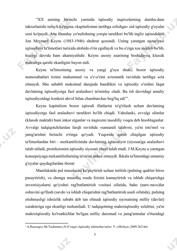 ko'paytirish uchun intilish (pulning qadrini biroz pasaytirish), va shunga muaofiq ssuda foizini kamaytirish va ishlab chiqarishga investisiyalarni qo'yishni rag'batlantirish vositasi sifatida, baho (narx-navo)lar oshuvini qo'llash (savdo va ishlab chiqarishni rag'batlantirish usuli sifatida), pulning etishmasligi ishsizlik sababi deb tan olinadi iqtisodiy siyosatning milliy (davlat) xarakteriga ega ekanligi tushuniladi. u tadqiqotning makroiqtisodiy uslubini, ya'ni makroiqtisodiy ko'rsatkichlar bo'lgan milliy daromad va jamg'armalar o'rtasidagi bog'lanish va nisbatlarni tadqiq qilish g'oyasini ilgari surdi. bu tadqiqot usuli o'z davrida fiziokratlar (f.kene, a.tyurgo) k.marks tomonidan qo'llanilgan keynsgacha mikroiqtisodiy yondashuv, ya'ni alohida xo'jalik ob'ektlari bo'lgan firmalar iqtisodiyotini tahlil etish rasm bo'lgan edi. firmaning rivoji millat mamlakat ravnaqi bilan bir deb qaralar edi j.m.keynsning umumiy bandlik nazariyasi quyidagilarga asoslanadi: ish bilan bandlik ortishi tufayli milliy daromad va, demak, iste'mol ortadi, ammo iste'mol daromadga nisbatan sekinroq ortadi, chunki daromad ortishi bilan «jamg'arishga intilish» kuchayadi. uningcha, asosiy psixologik qonun shundan iboratki, odamlar odatda daromadlar ortishi bilan iste'molni ham o'stiradi, ammo bu …