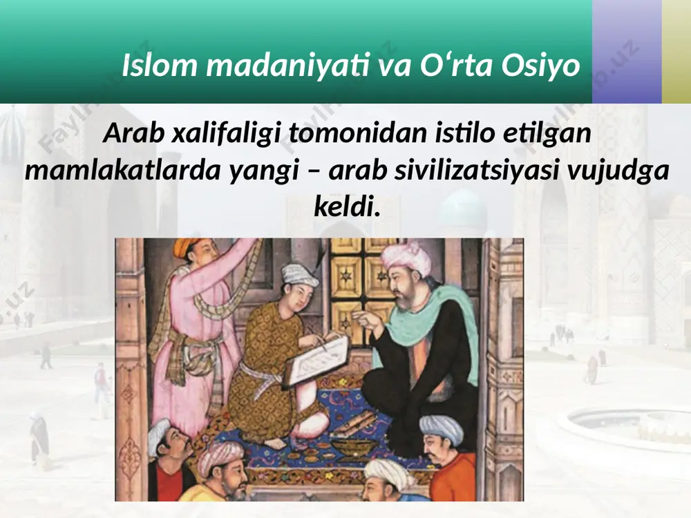 ishlangan rasm xitoy madaniyati. eng qadimgi yozuvlardan birini ixtiro qilgan xitoyliklar, undan hozirga qadar foydalanib kelmoqdalar. xitoy imperatorlari saroyida viii asrda olimlarning oliy yig‘inlari tashkil etilib, u keyinchalik xanlin akademiyasi nomini olgan. xitoyda dastlabki pantomima – imo teatri tashkil etilgan. buddizmning tarqalishi nafaqat xitoyliklar hayotiga, balki ularning me’morchiligiga ham katta ta’sir ko‘rsatgan. tan sulolasi davrida tog‘da o‘yib ishlangan budda haykali savol va topshiriqlar 1. nima sababdan muhammad xorazmiy, abu ali ibn sino kabi allomalar faoliyatlari ham «jahon tarixi», ham «o‘zbekiston tarixi»da beriladi? 2. xalifalikda ilm-fanning qaysi sohalari yuksak rivojlangan? 3. 49, 50, 51, 52-rasmlarni nimalar birlashtirishi va nimalar farqlashini qiyoslang. 4. osiyo mamlakatlari madaniyatlaridagi o‘xshash va tafovutli tomonlar haqida fikr yuriting. image2.jpg image3.jpeg image4.emf image5.jpeg image6.jpeg image7.jpeg image8.emf image9.emf image10.jpeg image11.jpeg image12.jpeg image13.emf image14.jpeg image15.jpeg image16.jpeg image17.emf image1.jpg