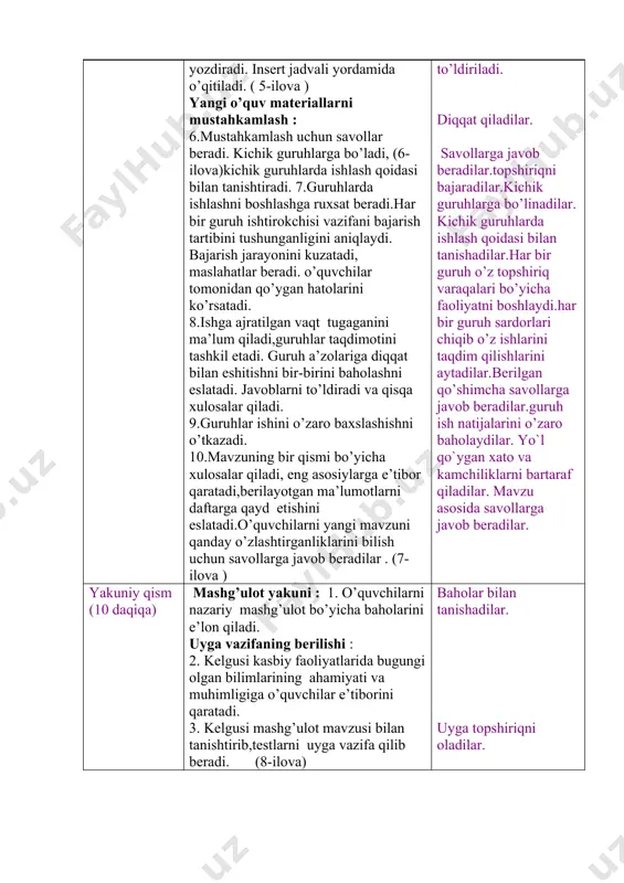o’z topshiriq varaqalari bo’yicha faoliyatni boshlaydi.har bir guruh sardorlari chiqib o’z ishlarini taqdim qilishlarini aytadilar.berilgan qo’shimcha savollarga javob beradilar.guruh ish natijalarini o’zaro baholaydilar. yo`l qo`ygan xato va kamchiliklarni bartaraf qiladilar. mavzu asosida savollarga javob beradilar. yakuniy qism (10 daqiqa) mashg’ulot yakuni : 1. o’quvchilarni nazariy mashg’ulot bo’yicha baholarini e’lon qiladi. uyga vazifaning berilishi : 2. kelgusi kasbiy faoliyatlaridа bugungi olgan bilimlarining ahаmiyati va muhimligiga o’quvchilar e’tiborini qaratadi. 3. kelgusi mashg’ulot mavzusi bilan tanishtirib,testlarni uyga vazifa qilib beradi. (8-ilova) baholar bilan tanishadilar. uyga topshiriqni oladilar. o'quv mashg'ulotini o'tkazish uchun o'quvchilarning tayyorgarligini nazoratdan o'tkaziladi. davomatni aniqlanadi. tibbiyot va siyosiy yangiliklar tinglanadi 1--ilova . 2-ilova 3-ilova baholash mezonlari № baho qo’yish qoidalari baho foizda 1 darsga tayyorgarligi dunyoviy va tibbiy yangiliklar bilan fikr almashishi o’tilgan mavzu bo’yicha javoblari 5 30 2 uy vazifasi bo’yicha 5 10 3 yangi mavzu: : doza haqida tushuncha .dori moddalarini takror va birgalikda qo’llanilgandagi tasiri 5 50 4 …