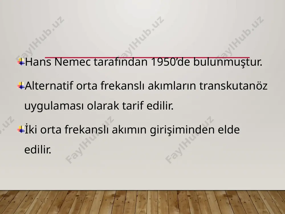 akım daha düşük deri direnci ile karşılaşır (impedance) dolayısıyla alçak frekanslı akımdan daha rahattır. orta frekanslı akım kullanmak ciltten daha fazla penetrasyon toleransı sağlar. fi̇zyoloji̇k etki̇leri̇ analjezi̇k etki̇ ağrının giderilmesi alçak frekanslı akımlarda bahsedilen mekanizmalarla ilgidir. bunlar:  kapı kontrol teorisi,  sinir iletiminde blokaj,  dolaşımda artış sonucu ağrı reseptörlerini uyaran kimyasal maddelerin uzaklaştırılması. kapı kontrol teorisine göre geniş myelinli liflerin uyarımı ile medulla spinalis düzeyinde ağrı uyarımının üst merkezlere iletimi engellenir. sinir iletiminde blokaj ile a delta ve c liflerinde geçici fizyolojik blok oluşturur ve ağrı azaltılır. (40 hz üzerinde) i̇nen ağrı supresyon sistemi selektif olarak uyarılır ve endojen opioidler açığa çıkarılır (15 hz sabit uygulama). dolaşımda artış sonucu ağrı reseptörlerini uyaran kimyasal maddeler uzaklaştırılır. plasebo etki ile ağrı azaltılır. fi̇zyoloji̇k etki̇leri̇ motor etki̇ 0-10 dev/sn en etkili 0-100 arasındaki frekanslarda derin ve düz kasların uyarılabilirliği artar. denerve kası kastırmaz. fi̇zyoloji̇k etki̇leri̇ duyusal etki̇ deri direncini kolay yenebildiği …