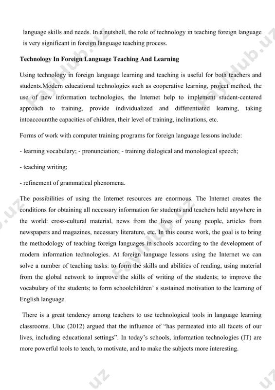 learning the english language. how can technology be applied to enhance teaching/learning the english language? when, computer, internet, smart boards, cell phones, video games, music players etc. are used in the target language learning process, students’ motivation and language awareness is raised. the new generation (teachers/students) is good at using technology. they are all engaged with technological tools and somehow are involved in the target language through technology. teaching by using traditional methods is no longer motivating and enjoyable for learners. learners are more interactive, and learning outcomes bring about efficient results. moreover the positive outcomes will lead to satisfaction for both teachers and learners. experienced teachers present different opportunities to students working at different rates and levels. the most widely used device is smart phone. teachers and learners use it for developing the skills such as listening, and reading; furthermore watching target language elements on technological tools enable students …