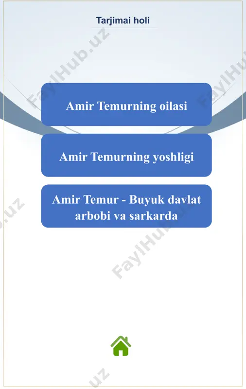 od bo‘ladi, xokimiyatingiz qulaydi” ”mening qattiqqo‘lligim, bag‘ritoshligim, eng avvalo xalqimning tinchligi, saltanatimning ravnaqi uchundir. dushmanlarimga ayovsizligim rost! o‘g‘irlik, talonchilik, zo‘ravonlik ildizlariga qattiqqo‘llik bilan bolta urilmasa, muloyimmijozlik bilan natijaga erishib bo‘lmaydi. buning isboti uchun mening saltanatimda o‘rnatilgan tartib-qoidalarda ko‘r.”… …nazarimda bu so‘zlar xam xozirda zamonimiz uchun xam xos va mos, o‘zining aktualligini yo‘qotmagan. buyuk davlat arbobi, sohibqiron amir temur hayot yo‘li (1336-1405) amir temur - 1336 yil 7-aprelda kesh (hozirgi shahrisabz) shahri yaqinidagi xoja ilg‘or qishlog‘i (hozirgi yakkabog‘ tumani)da tug‘iladi. uning to‘liq ismi amir temur ibn amir tarag‘oy ibn amir barqul. amir temurning onasi takina xotun buxorolik. otasi amir tarag‘ay esa barlos urug‘ining oqsoqollaridan hamda chig‘atoy ulusining e’tiborli beklaridan hisoblangan. uning ajdodlari kesh viloyatida hokimlik qilishgan. shu bois amir temurning otasi amir tarag‘ay ham yilda bir marotaba ili daryosi bo‘yida xon tomonidan chaqiriladigan el-yurt beklarining qurultoyiga taklif etilar va u bunday yig‘inlarda muttasil qatnashar edi. shu bilan birga u sharafiddin ali …