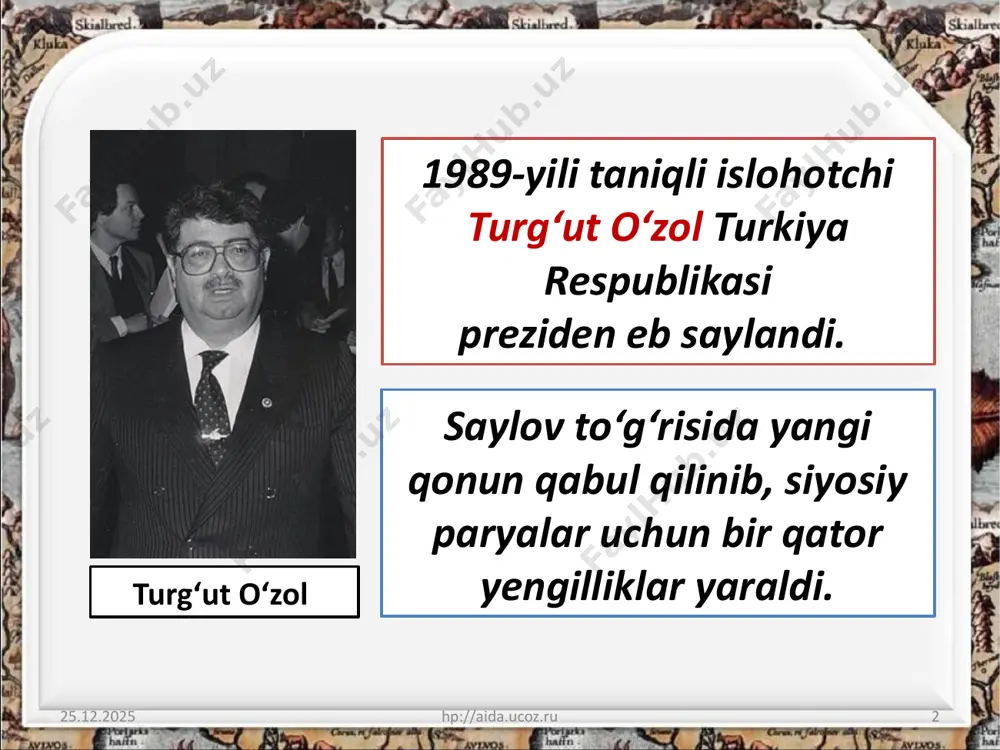 suriya bilan chegaradosh diyorbakir aviabazasiga f-16 qiruvchi samolyotlar joylashtirildi. 2014-yili bo‘lib o‘tgan prezidentlik saylovlarida r. erdo‘g‘on turkiya respublikasi prezidenti etib saylandi. 20.09.2019 http://aida.ucoz.ru 11 bu turkiyada prezident bevosita xalq tomonidan saylangan birinchi saylov edi. 2015-yilning ikkinchi yarmida suriyada ishidga qarshi antiterrorchilik operatsiyasida ishtirok etayotgan rossiyaning su – 24 harbiy samolyoti turkiya tomonidan urib tushirildi. 20.09.2019 http://aida.ucoz.ru 12 rossiyaning su – 24 harbiy samolyoti istanbul shahridagi prezident qarorgohi samolyotlardan bombardimon qilindi. 20.09.2019 http://aida.ucoz.ru 13 ayni paytda isyonchilar istanbul va mamlakat poytaxti anqara shaharlaridagi xalqaro aeroportlarni o‘z nazoratiga oldi. turkiya prezidenti r. erdo‘g‘on rossiya prezidenti v. putin bilan bir necha bor uchrashib, ikki mamlakat o‘rtasida uzilib qolgan savdo, iqtisodiy va gumanitar aloqalarni tiklashga kelishib oldi. 20.09.2019 http://aida.ucoz.ru 14 turkiya prezidenti r. erdo‘g‘on rossiya prezidenti v. putin savol va topshiriqlar 1. 1990-yillar oxiri – 2000-yillari turkiyadagi siyosiy jarayonlarning o‘ziga xos tomoni nimalardan iborat? 2. turkiyadagi siyosiy jarayonlarda islom omili qanday rol o‘ynaydi? 3. …