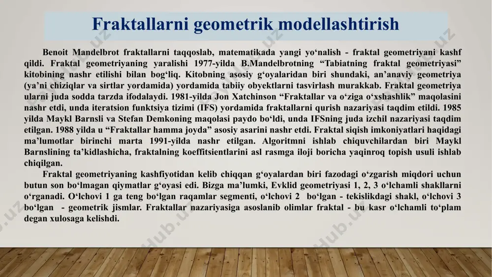ni fraktal modellashtirish bosqichlari n=1 n=2 n=3 n=4 birinchi qadam: 1/2 radiusli 4 ta o‘xshash doira qo‘shiladi va quyidagiga ega bo‘lamiz: 9 ikkinchi qadam: 1/4 radiusli 12 ta o‘xshash doira qo‘shiladi va quyidagiga ega bo‘lamiz: uchinchi qadam: 1/8 radiusli 36 ta o‘xshash doira qo‘shiladi va quyidagiga ega bo‘lamiz: to‘rtinchi qadam: 1/16 radiusli 108 ta o‘xshash doira qo‘shiladi va quyidagiga ega bo‘lamiz: n-iteratsiyadan keyin fraktal doiraning yuzi uchun olingan formula quyidagicha bo‘ladi: kub fraktalni modellashtirish biz fraktal kubni oddiy kub deb hisoblab, uning tashqi yuzalarida ham kublar hosil qilamiz, unga o‘xshash kublar oldingisidan uch baravar kichikroq qirra bilan qo‘shamiz. fraktal shaklning asosi bo‘lgan kubning yuzi va hajmini yozamiz: n=0 n=1 n=2 n=3 n=4 birinchi qadam: birlik kubga qirrasi 1/3 ga teng oltita kub qo‘shiladi va birinchi darajali fraktal kubning sirt yuzasi va hajmi uchun quyidagiga ega bo‘lamiz: ikkinchi qadam: qirrasi 1/9 ga teng bo‘lgan 30 ta kub qo‘shiladi va ikkinchi darajali …