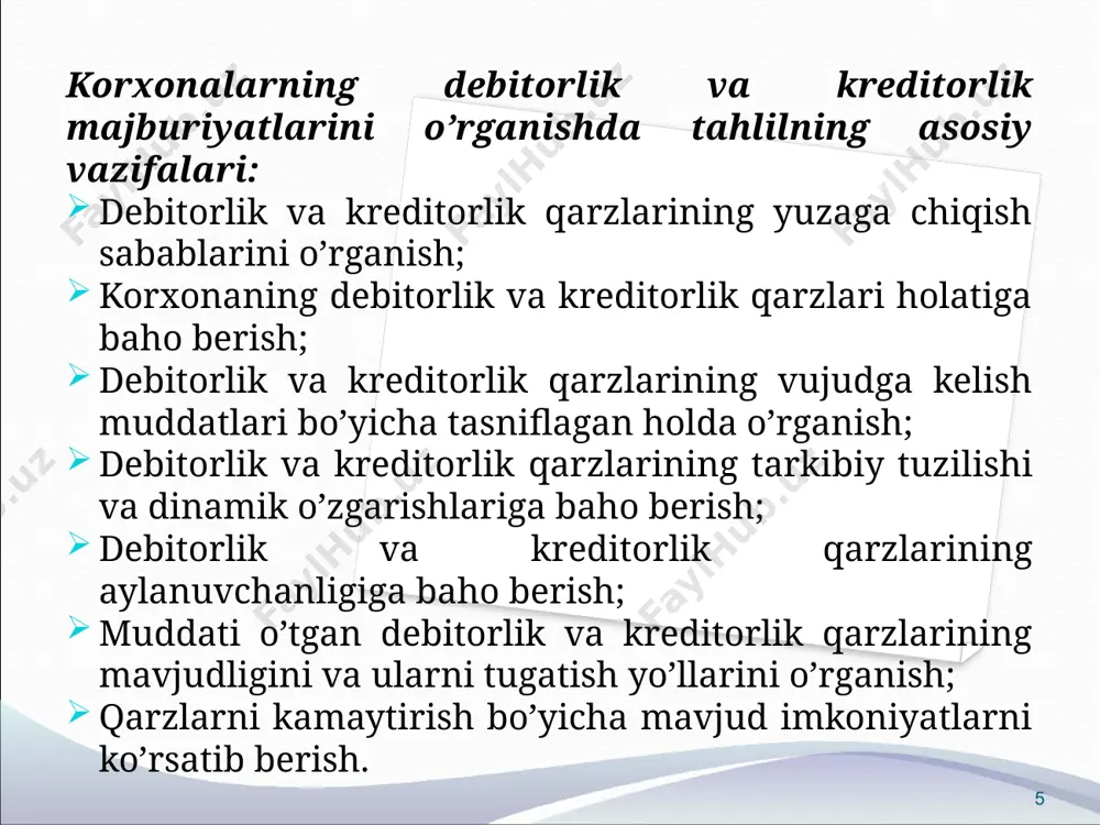 schilarga bo’lgan qarzlar (6600) 710 mehnatga haq to’lash bo’yicha qarz (6700) 720 qisqa muddatli bank kreditlari (6810) 730 qisqa muddatli qarzlar (6820, 6830, 6840) 740 uzoq muddatli majburiyatlarning joriy qismi (6950) 750 boshqa kreditorlik qarzlar (6950 dan tashqari 6900) 760 kreditorlik majburiyatlarining shakllantish qatorlari 14 debitorlik qarzlari summa kreditorlik qarzlari summa 1 2 3 4 xaridorlar va buyurtmachilarning qarzi (4000 dan 4900 ning ayirmasi) 6926 mol yetkazib beruvchilar va pudratchilarga qarz (6000) 90387 xodimlarga berilgan bo’naklar (4200) - ajratilgan bo’linmalarga qarz (6110) 400 byudjetga soliq va yig’imlar bo’yicha bo’nak to’lovlari (4400) 60609 sho’ba va qaram xo’jalik jamiyatlariga qarz (6120) 5007 xodimlarning boshqa operatsiyalari bo’yicha qarzi (4700) - soliq va majburiy to’lovlar bo’yicha kechiktirilgan majburiyatlar (6240) 6721 sho’ba va qaram xo’jalik jamiyatlarining qarzi (4120) 1299 olingan bo’naklar (6300) - ta’sischilarning ustav kapitaliga ulushlar bo’yicha qarzi (4600) - sug’urtalar bo’yicha qarz (6510) - ajratilgan bo’linmalarning qarzi (4110) - maqsadli davlat jamg’armalariga to’lovlar …
