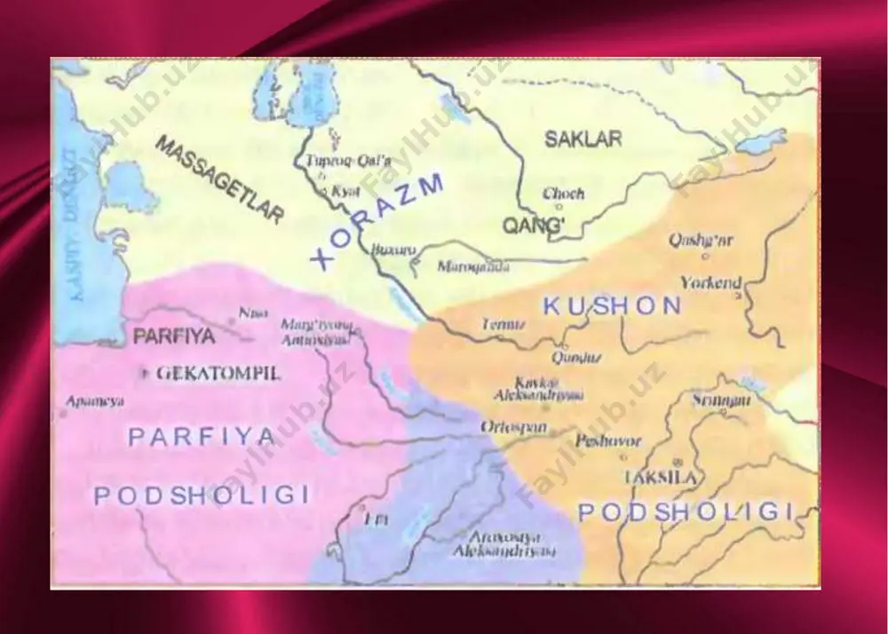 rbirini aloxida xokim boshqargan. viloyat boshliqlari jobu yoki yabg’u deb atalgan. katta xan tarixi manbalarida qang’davlatini xarbiysi jangchi120 ming kishi. oila esa 320-ming kishi. aholisi 600-ming kishideb keltiriladi. qang` (qang`yuy) - hozirgi toshkent vohasi, chimkent viloyati va sirdaryo havzasi yerlarini egallagan qadimgi - davlat birlashmasi. qang`davlati (mil. avv. iii asrdan mil. iii asrgacha) - qang`yuy (qang`ha) - qang`arlar - kanka — qang`dez (bityan) - xitoy bilan urushlar - ko`chmanchilar tomonidan bosib olinishi qang’ davlati mil. av. iii a.- mil. iii a qang’ha, o’tror hududi: toshkent vohasi, chimkent vil., sirdaryoning quyi havzasi asosiy xususiyati: saklarning yunon- makedon hukmronligiga qarshi kurashda davlatning tashkil topishi madaniyati: -qovunchi madaniyati -qang’ xarobasi -choshtepa yodgorliklari madaniyati kulolchilikda namayon bo’lishi. dovon davlati. dovon davlati tarixi haqidagi batafsil ma’lumot xitoy yilnomalarida uchraydi va ular milodiy i-ii asrlarga doirdir. bu davlat taxminan , miloddan avvalgi iii asrdn to milodiy ii asrgacha mavjud bo’lib farg’onada joylashgan. mil avv 125-yida kelgan …