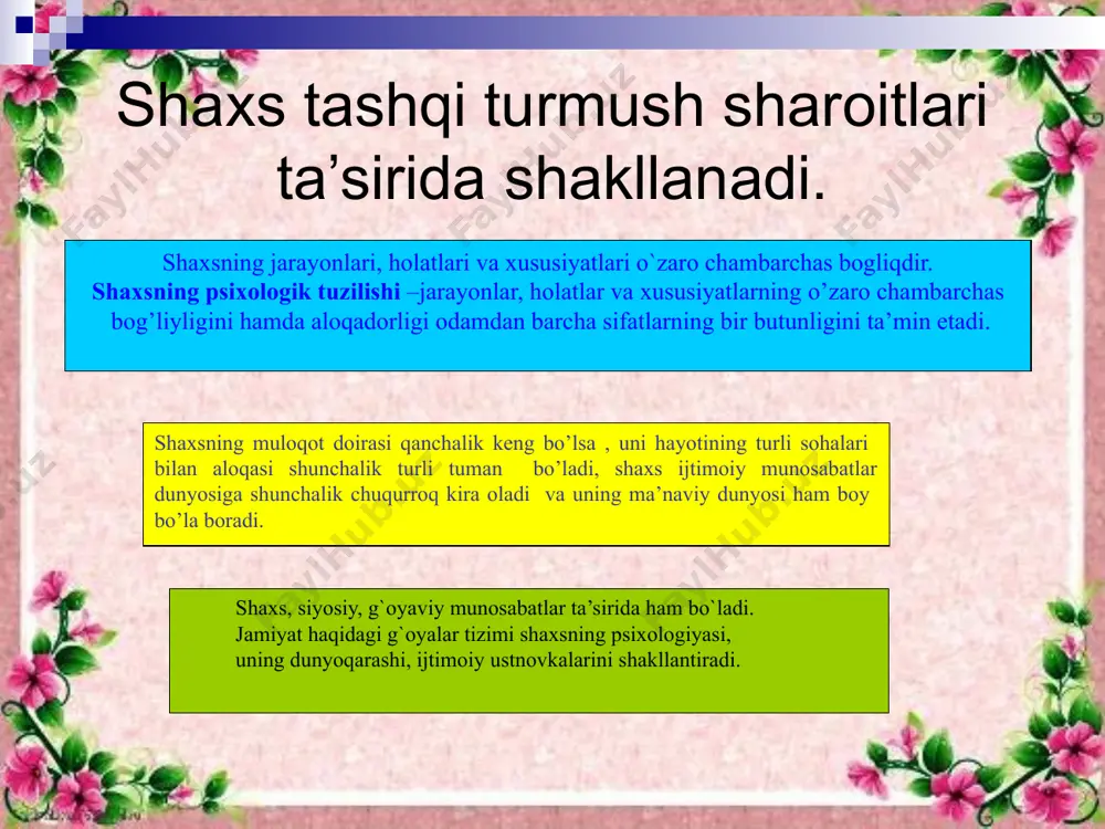i, monologik-dialogik nutq. diologik nutqning mazmuni, xarakteri, davomiyligi muloqotga kirishgan shaxslarning shaxsiy qarashlariga, qizikishlariga, bir-birlariga bulgan munosabatlariga,maqsadlariga bevosita bogliq bo`ladi. o`qituvchi-o`quvchi, siyosiy rahbarlarning, diplomatlarning, dugonalarning suhbati bir-biridan farq qiladi. muloqotning interaktiv tomoni – kishilarning birgalikdagi f aoliyatda bir – birlariga amaliy jihatdan ta’sir etishlari. hamkorlikda ishlash, bir – birlariga yordam berish, bir – birlaridan o`rganish, harakatlar muvofiqligiga erishish kabi qator qobiliyatlarni namoyon qilish mumkin. refleksiya – muloqot jarayonida suhbatdoshning pozitsiyasida turib, o`zini tasavvur qilishdir, o`ziga birovning ko`zi bilan qarashga intilishdir. masalan: guruhdoshingizdan biriga ko`ylagi yarashmaganini aytish mumkin, 2-chisiga aytsam kuyyapti deb o`ylaydi deysiz. dolzarb muammolardan biri- yoshlarda yangicha dunyoqarashni shakllantirish, ularni yangicha demokratik munosabatlarga ruhiy jihatdan tayyorlashdir. ma’naviyat sohasidagi islohotlar yoshlarda o’z xalqining madaniyati, vatanning o’tmishi va buguni, milliy qadriyatlarga to’g’ri munosabatlarning shakllanishiga sabab bo’ladi va bu- ziyoli, bilimdon kishilar uchun eng zarur fazilatdir. verbal ta’sir - bu so’z va nutqimiz orqali ko’rsatadigan ta’sirimizdir. bundagi asosiy vositalar so’zlardir. paralingvistik ta’sir …