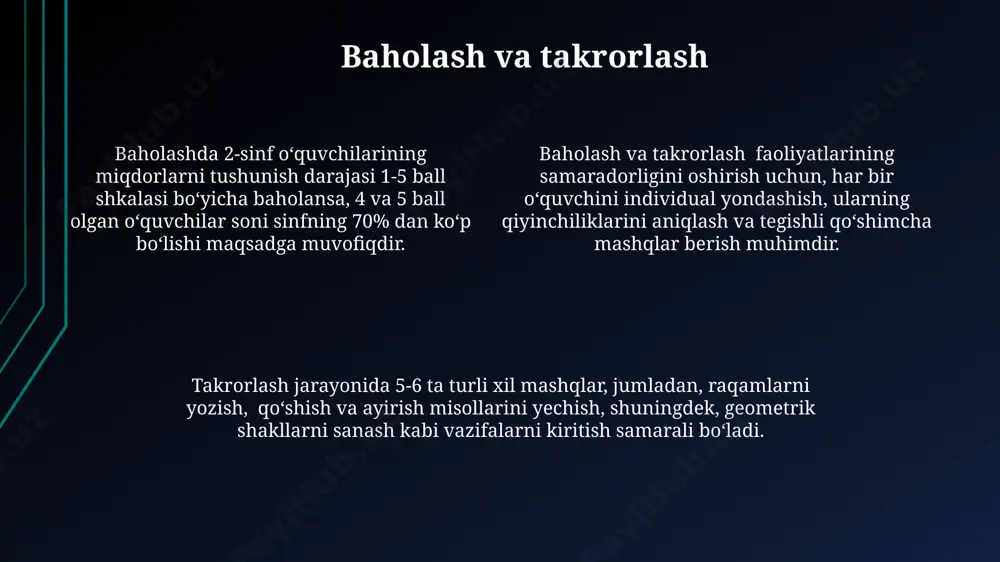 sanash va taqqoslash ko'nikmalarini mustahkamlaydi. grafiklar va jadvallar orqali 10 tagacha bo'lgan sonlarning qo'shilish va ayirish amallarini ko'rgazmali tarzda namoyish qilish, hisoblash jarayonini tushunishni osonlashtiradi. ikkinchi sinf o'quvchilari uchun grafiklar va jadvallar yordamida 5 tagacha sonlarni taqqoslash va miqdorlarni ifodalash o'rgatilishi mumkin, bu ularning matematik tafakkurini rivojlantiradi. sanash va hisoblash o'quv jarayonida "sanash va hisoblash" bo'yicha o'quvchilar sonlarning tartibi, tenglik va tengsizlik tushunchalarini o'zlashtirib, 10 dan katta sonlarni o'nlik va birliklarga ajratishni o'rganadilar, masalan, 25 sonini 20 va 5 ga ajratadilar. "sanash va hisoblash" darslari davomida o'quvchilar 5-10 ta ob'ektlar to'plamini sanab, miqdorini aniqlash, shuningdek, 20 gacha bo'lgan sonlar bilan qo'shish va ayirish masalalarini yechish ko'nikmalarini rivojlantiradilar. "sanash va hisoblash" 2-sinfda o'quvchilarga 1 dan 100 gacha bo'lgan sonlarni sanash va ular bilan oddiy arifmetik amallarni (qo'shish va ayirish) bajarishni o'rgatishga qaratilgan. ushbu jarayon vizual qo'llanmalar va amaliy mashqlar orqali amalga oshiriladi. miqdorlarni tushunish miqdorlarni tushunishda vizual vositalar, masalan, bloklar, rasmlar …