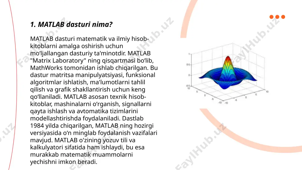 an, `plot` funksiyasi yordamida 2d chiziq grafikalarini, `surf` funksiyasi bilan esa 3d sirt grafikalarini yaratish mumkin. shu bilan birga, `title`, `xlabel`, `ylabel` kabi funksiyalar orqali grafikalar nomlarini va o'qlarini belgilash mumkin. matlabda grafikalarni yaratishda ma'lumotlarni estetik tarzda namoyish etish uchun ranglar, chiziq turlari va markerlar ham sozlanadi. `figure` va `subplot` kabi funksiyalar esa bir nechta grafikalarni bir oynada ko'rsatish uchun ishlatiladi. ... t.me/slaydai_bot 7. matlabda tsikllar (for va while) matlabda tsikllar ma’lum vazifalarni takror qilish uchun ishlatiladi. "for" tsikli ma’lum soni marta bajariladi. sintaksisi: `for index = startvalue:endvalue, commands, end`. bu yerda "startvalue" boshlang'ich, "endvalue" oxirgi qiymat. "while" tsikli esa shart bajarilgunga qadar davom etadi. sintaksisi: `while condition, commands, end`. masalan, oddiy arifmetik progressiyani hisoblash uchun "for" tsiklidan foydalanish mumkin, shunda barcha elementlar ustida takroriy amallar bajariladi. "while" tsiklida esa hisoblash amaliyoti faqat belgilangan shart bajarilganda davom etadi; bu foydalanuvchi xato kiritmagunicha davom etishi mumkin. ... t.me/slaydai_bot matlab dasturlash tilida …