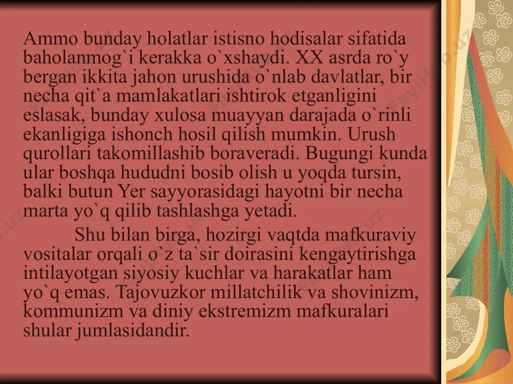 lovchi misollarni ko`plab keltirish mumkin. iqtisodiy imkoniyatlari zaiflashgan, ijtimoiy totuvlikka zil ketgan, ichki ziddiyatlar kuchaygan, vatan, millat taqdiridan o`zining tor manfaatlarini ustun qo`yadigan, o`zaro kelisha olmayotgan, hokimiyatga da`vogar siyosiy guruhlarning mavjud muammolarini tashqi kuchlar yordamida hal qilishga urunishi va ma`naviy-ruhiy parokandalik, ertangi kunga ishonchsizlik tuyg`ulari hukmron bo`lgan mamalakatlar buyuk davlatchilik shovinizmi nishoniga aylanishini zamonaviy tarix ham ko`rsatib turibdi. afsuski, bizning o`lkamiz ham buyuk davlatchilik shovinizmining falokatli ta`siridan chetda qolmadi. “u ham uzoq vaqt davomida hukmron shovinistik va agressiv millatchilik g`oyalarining butun jafolarini tortib keldi, -deb yozadi islom karimov. - o`zbekiston rossiya imperiyasi, so`ngra esa sobiq sovet imperiyasi tarkibida majburan ushlab turilgan murakkab davrni boshdan kechiradi” buyuk davlatchilik shovinizmining xavfi bunday pozitsiyada turgan kuchlar, davlatlarning iqtisodiy, siyosiy yoki harbiy salohiyatining kattaligidangina emas, balki axborot orqali va mafkuraviy yo`l bilan tazyiq ko`rsatish imkoniyatlarining kengligida, ular qo`lidagi g`oyaviy ta`sir o`tkazish vosita va mexanizmlarining xilma-xilligida hamdir. buyuk davlatchilik shovinizmi bugungi kunda pansovetizm bilan o`ziga …