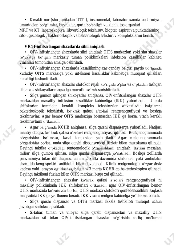 lari rentgenografiyasi (flyuorografiya) o‘tkaziladi. 4. o‘pka va o‘pkadan tashqari silli bemorlar bilan qontaktda yashovchi oiv- infitsirlangan bemorlar bakteriya ajratish bor-yo‘qligiga qaramasdan mahalliy silga qarshi tashkilot ftiziatrlari tomonidan tekshiruvdan o‘tkaziladi. ko‘krak qafasi a’zolari rentgenografiyasi (agar u 4 oydan oldinroq qilingan bo‘lsa), kerak bo‘lsa o‘rta tekislik bo‘yicha tomografiya, umumiy qon tahlili o‘tkaziladi. qontaktdagi shaxslarda har qanday yo‘tal bo‘lsa balg‘amni 3 marta bakterioskopiya (kchb ga), manfiy natijada 3 martalik ekma (mbt ga) qilinadi. agar balg‘am bo‘lmasa bronxlar yuvindi suvi ishlatiladi. qolgan tekshiruvlar ko‘rsatma bo‘yicha qilinadi. o‘pkadan tashqari silni aniqlash. ro‘yxatga olishda, rejali ko‘rik paytida va oiv-infitsirlangan shaxslar shikoyatlar bilan murojaat qilishganda quyidagilar o‘tkaziladi: • sinchiklab anamnez yig‘ish, o‘pkadan tashqari silga shubxali shikoyatlar va ob’ektiv simptomlarni aniqlash: bosh og‘rig‘i, ko‘rish buzilishi, meningial belgilar, bosh miya nervlari shikastlanish belgilari, bo‘g‘im , suyak, umurtqa, qorindagi, buyrak soxasidagi og‘riqlar, siydikdagi o‘zgarishlar, periferik limfa tugunlarning kattalashuvi, ularning yumshashi va oqmalar paydo bo‘lishi. • kerak bo‘lganda zudlik bilan ftiziatr …