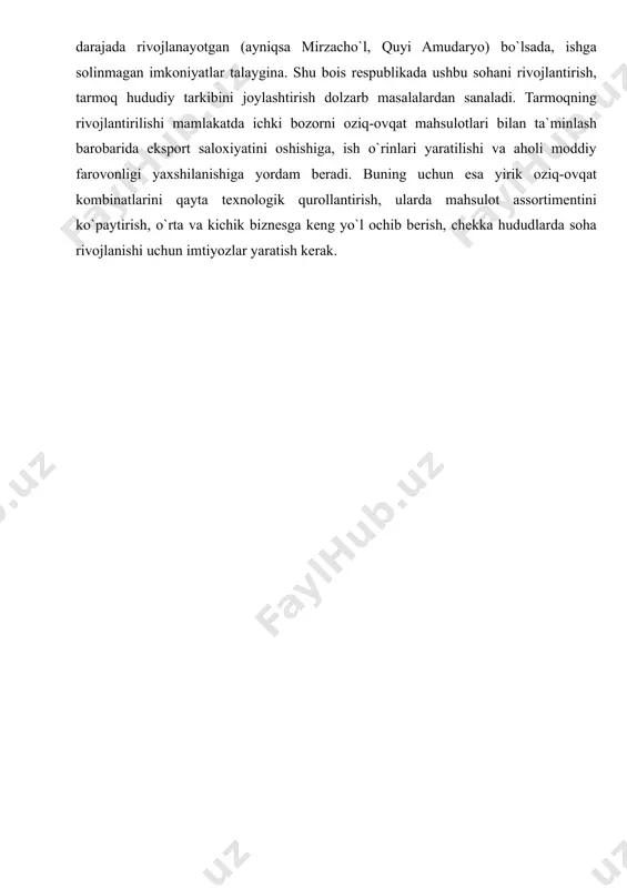 etga chiqishlar, ta`minotning uzilishi, foydalilik koefitsiyentining pastligi yoki muddatining o`tib ketishi mahsulot xaridorgirligini yo`qqa chiqaradi yoki aholi salomatligiga jiddiy zarar yetkazadi. shu sababli sohada ishlab chiqarish jarayonini tashkil etish va uning taklifi ancha murakkabliklarga ega. o`zbekistonda, joylashgan mintaqa iqlimiy sharoitidan kelib chiqib, turli ozuqa vitaminlarga boy mahsulotlar yetishtiruvchi qishloq xo`jaligi sohalari mavjud. hozirgi kunda ularning katta qismi yarim mahsulot holida ichki va tashqi bozorga chiqariladi. oziq-ovqat sanoati xom ashyosi ayrim mintaqalardagina (toshkent, zarafshon, farg`ona) ma`lum darajada yuqori qayta ishlashga tortilgan. xususan, bozor iqtisodiyoti sharoitida toshkent shahrida oziq-ovqat sohalari ancha taraqqiy etgan. shaharda va uning iqtisodiy ta`siridagi iqtisodiy hududda yuzlab o`rta va kichik korxonalar, firmalar tashkil etildi. ayni vaqtda chekka iqtisodiy rayonlarda oziq-ovqat sanoati ma`lum darajada rivojlanayotgan (ayniqsa mirzacho`l, quyi amudaryo) bo`lsada, ishga solinmagan imkoniyatlar talaygina. shu bois respublikada ushbu sohani rivojlantirish, tarmoq hududiy tarkibini joylashtirish dolzarb masalalardan sanaladi. tarmoqning rivojlantirilishi mamlakatda ichki bozorni oziq-ovqat mahsulotlari bilan ta`minlash barobarida eksport saloxiyatini …