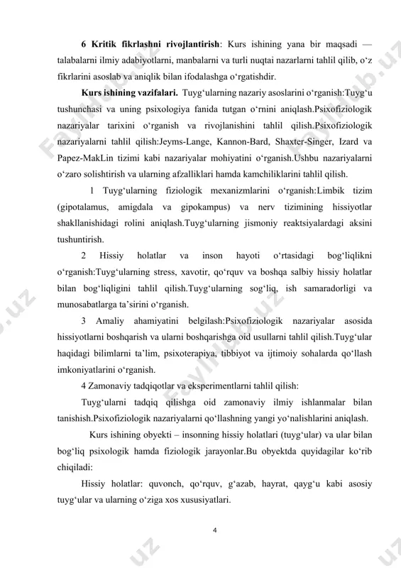 exnologiyalar. kurs ishining metodologik asosi – ilmiy tadqiqotlar, nazariy konsepsiyalar va amaliy usullarga tayanib, tuyg‘ularni psixologik va fiziologik jihatdan o‘rganishga imkon beruvchi usullar va tamoyillarni o‘z ichiga oladi. kurs ishining tuzilishi va xajmi : kirish, 3 bo‘lim, xulosa, foydalanilgan adabiyotlardan iborat. jami 30 tasahifadan tashkil topgan. 1. tuyg‘ularning psixofiziologik nazariyalari tuyg‘ularning psixofiziologik nazariyalari psixologiya va nevrologiyaning asosiy sohalaridan biridir. bu nazariyalar tuyg‘ularning qanday yuzaga kelishi va organizmning fiziologik holatiga qanday ta'sir qilishini tushuntirishga qaratilgan. quyidagi asosiy psixofiziologik nazariyalar mavjud: 1. jeyms-lanj nazariyasi: william james va carl lange tomonidan ishlab chiqilgan bu nazariyaga ko‘ra, tuyg‘ular fiziologik o‘zgarishlar natijasida yuzaga keladi. ya'ni, biror voqea yoki stimulus odamni qo‘rquv, quvonch kabi his-tuyg‘ularga olib keladi, ammo tuyg‘u avval o‘zgarishlarni (masalan, yurak urishining tezlashishi) keltirib chiqaradi, so‘ngra odam bu o‘zgarishlarni sezib, tuyg‘u hosil bo‘ladi. bu nazariyaga ko‘ra, fiziologik reaktsiyalar tuyg‘ularni shakllantiradi. 2. kannon-bard nazariyasi: walter cannon va philip bard tomonidan ilgari surilgan bu nazariyaga ko‘ra, …
