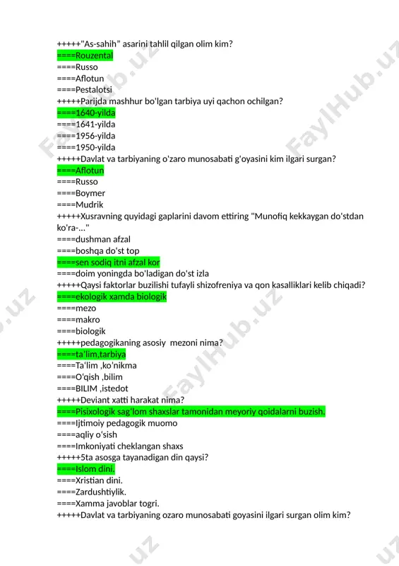 tishga qaratilgan ijtimoiy tarbiya chora-tadbirlar tizimi ====sotsium a'zosi sifatida insonning ijtimoiylashuvi jarayonidagi faoliyati ====reabilitatsiya tizimidagi shaxsning rivojlanishidagi u yoki bu chekinishlarni yo`qotishga shart sharoitlar yaratishga qaratilgan tadbirlardir ====hayotiy chekinishlarga uchragan bolalar va o`smirlar bilan olib boriladigan aniq faoliyat hisoblanadi ++++ ijtimoiy pedagogning funksiyalari ====bashorat qilish, tashxis, korreksiya, vositachilik, prognoz, ximoya qilish,oldini olish ====jamiyat ichiga qaytarish, oilasiga qaytarish ====me’yordan og’ishgan bolani diagnoz qilish ====shart sharoitlar yaratish ++++ o’zbekiston respublikasida oits kasalligini oldini olish to’g’risidagi qonun nechanchi yil qabul qilingan ====1999 yil 19 avgust ====1998 yil18 iyun ====2000 yil10 avgust ====2001 yil 19 avgust ++++ ijtimoiy pedagogning reabilitatsion funksiyasi bu ====jamiyat ichiga qaytarish, oilasiga qaytarish ====bolaning ma’lumotlarini mahalladan huquq targ’ibot organlaridan kerakli ma’lumotlarni olish ====me’yoridan og’ishgan bolalarni yomon yo’lga kirib ketishidan bolani himoya qilish. ====me’yordan og’ishgan bolani diagnoz qilish. ++++ qanday oilalar vazifalarini a’lo darajada bajaradilar, ijtimoiy pedagogga ixtiyoji yo’q ====tinch ,baxtli oilalar ====tahlikali oila ====nosog’lom oila ====asotsial oila ++++ oila, ta’lim …
