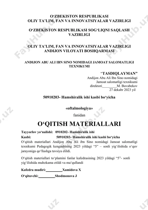 g ko‘rish faoliyati. 9 6 2 4 3 2 shifoxona va poliklinika ko‘z kabinetining tuzilishi va jixozlanishi. oftalmologik kasalliklar bilan og‘rigan bemorlarni tekshirish va davolashda hamshiralik parvarishi. 9 6 2 4 3 3 refraksiya va akkomodatsiya. 9 6 2 4 3 4 ko‘z qovoqlari, ko‘z yoshi yo‘llari va shilliq qavat yallig‘lanish kasalliklarida ham shiralik parvarishi. 9 6 2 4 3 5 shox parda, oqsil parda yallig‘lanish kasalliklarida hamshiralik parvarishi. 9 6 2 4 3 6 tomirli parda, to‘rparda va ko‘ruv nervi yallig‘lanish kasalliklarida hamshiralik parvarishi. 9 6 2 4 3 7 ko‘z gavxari va shishasimon tana kasalliklarida hamshiralik parvarishi. 9 6 2 4 3 8 glaukoma. tug‘ma glaukoma. g‘ilaylik. ko‘ruv a’zosi o‘smalari. 9 6 2 4 3 9 ko‘ruv a’zosining shikastlari, unda tez tibbiy yordam ko‘rsatish va hamshiralik parvarishi. oftalmologik ekspertiza. 9 6 2 4 3 81 54 18 36 27 “hamshiralik ishi” mutaxassislik bo‘yicha taqvim- mavzular rejasi t/r mavzu …
