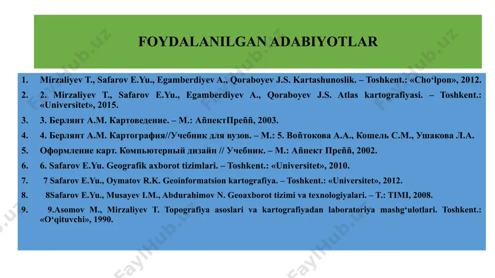jahon urushi vaqtida erofotosuratlardan foydalanib kelingan. ushbu sputnikdan olingan suratlar metrologik kuzatuvlarni olib borishda va boshqa tadbirlarni rejalashtirishda yordam beradi. ushbu namunalar kartografik ma’lumotlarni bir bo‘lagi hisoblanadi. kommunikatsiya nazariyasi. robinson, djenks, shermanlar tomonidan olib borilgan tadqiqotlarda nazariyadan kommunikatsiyaga o‘tish g‘oyalari tug‘ilgan, ya’ni «bu kim uchun samarali deb ayta olamanmi?» (koeman, 1971) degan savolni o‘rtaga tashlaganlar. bu qarashlar kartograflar tomonidan yaratilgan kartalar oldingilaridan keskin farq qilishini o‘quvchilar qanday qabul qilishlari asosiy muammolardan biri edi. tartib tartib kartaning mantig‘iga tegishlidir. vizual (ko‘rish) tartiblilik yoki chalkashlikning mavjudligi. turli xil elementlar mantiqan joylashtirilgani. kartani ko‘rish kerakli tarzda ekanligi? karta seriyali emas sinoptik bo‘lganligi tufayli kartograf lar o‘quvchi birinchi navbatda karta nomini legendani va shu kabilarni tahlil qila olmaydi. ya’ni vertikal chiziqlar ko‘zlarni karta yuqorisiga va pastiga tomon olib boradi, gorizontal chiziqlar esa o‘ng tomonga buradi. tenglik. kartaning har bir elementi vizuval og‘irlikka ega. bu og‘irlik sahifaning optik markaziga nisbatan bir tekis taqsimlangan bo‘lishi kerak, …