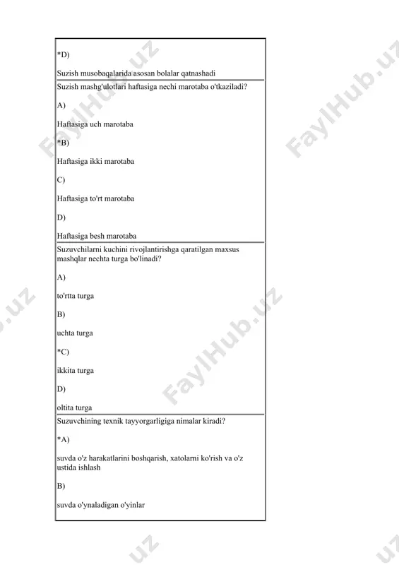 ri taaluqli? *a) jismoniy rivojlanish va maxsus ta'lim vazifasi b) jismoniy rivojlanishni optimallashtirish vazifalari c) umumtarbiyaviy vazifalar d) kuchni rivojlantirish suzish sportida jismoniy mashqlar mazmuni deganda nimani tushuniladi? *a) jismoniy mashqlarni bajarishda organizmda sodir bo'ladigan asosiy jarayonlar to'plami, shuningdek uning harakat yig'indisi. b) harakat faoliyati c) harakatning tuzilishi d) havfsizlik qoidalari suzish sportida jismoniy mashqning shakli quyidagilarni o'z ichiga oladi: a) harakat faoliyati qismlarining to'plami b) harakatning kuch va ritmik harakteristikasi *c) harakatning ichki va tashqi tuzilishi d) texnikaning bajarilishiga suzish sportida jismoniy harakat vazifalarini hal etish uchun zarur bo'ladigan harakat tuzilishining asosiy zveno va xususiyatlarining to'plami-bu... *a) harakat texnikasining asosi b) harakat texnikasining asosiy zvenosi c) harakat texnikasining detallari d) harakat faoliyati qismlarining to'plami suzish sportida jismoniy mashqlarni bajarishda nagruzkani nima harakterlaydi? a) mashqlar bajarishda organizmda sodir bo'ladigan funksional faollikning hamda sodir bo'ladigan qiyinchiliklarni yengil darajasi. *b) bajarilgan ish xajmi c) vaqt birligida bajarilgan ishning miqdori d) texnikaning bajarilishiga …