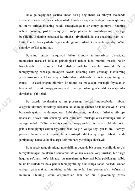 salbiy jarayonlar ham yomon ta’sir ko’rsatishi mumkin. shuning uchun o’qituvchilar ham har bir o’quvchining psixik hususiyatiga qarab munosabatda bo’lishi kerak. shundagina biz davlatimizga har tomonlama rivojlangan, psixik taraqqiyoti yuksak darajadagi yoshlarni tarbiyalab, yetkazib berishimiz mumkin. bo’lajak o’qituvchilar mana shu narsalarga e’tibor berishi muhim ahamiyatga ega. ma’lumki, o’qituvchi ijtimoiy hayotda o’ziga yuklangan turli vazifa va reallarni muvaffaqiyatli amalga oshirish uchun yosh psixologiyasi ma’lumotlarini qo’llash shart. psixik rivojlanish va ta’limning qoida va qonuniyatlari, vazifalari mana shulardan iborat hisoblanadi deb oylayman. hozirgi maktab va ta’lim tizimi qayta qurilayotgan bir vaqtda tarbiya psixologiyasi muhim amaliy ahamiyat kasb etmoqda. tarbiya psixologiyasi o’quvchini o’zgaruvchi, kamol topuvchi shaxs sifatida o’rganadi. o’quvchi shaxsini bu tarzda o’rganish o’qituvchining unga individual munosabati orqali amalga oshiriladi. o’quvchiga individual munosabat sinf jamoasidagi har bir o’quvchining qiziqishini, qobiliyatini, xarakter sifatlarini, bilimga irtilishi va tushuncha doirasini hisobga olish demakdir. indvidual munosabat har bir o’quvchidagi ijobiy va salbiy hususiyatlarni o’z vaqtida bilishga imkon beradi. busiz …