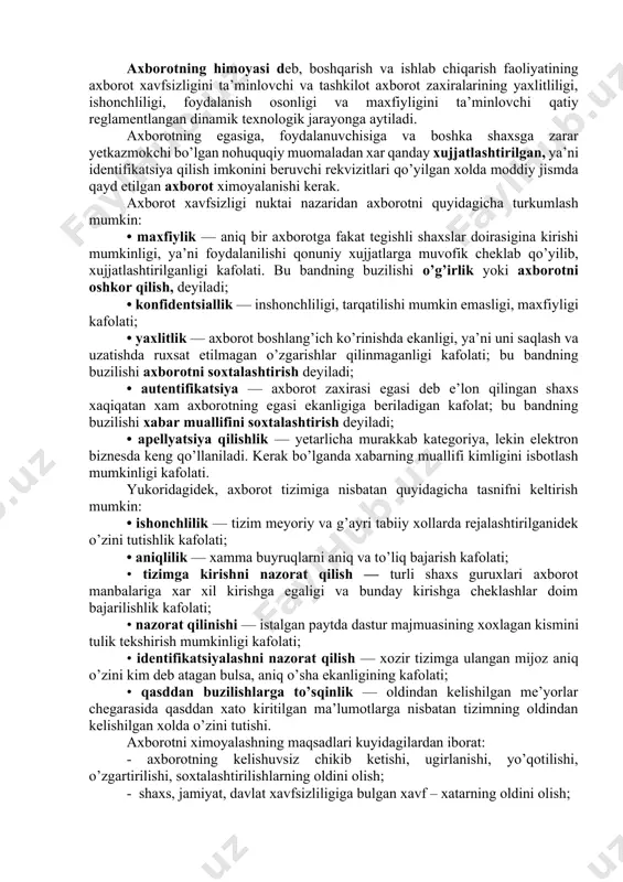 urish eski axborotlarni yo’kotish 2-rasm axborot xavfsizligi deb, ma’lumotlarni yo’qotish va o’zgartirishga yo’naltirilgan tabiiy yoki sun’iy xossali tasodifiy va qasddan ta’sirlardan xar qanday tashuvchilarda axborotning himoyalanganligiga aytiladi. ilgarigi xavf faqatgina konfidentsial (maxfiy) xabarlar va xujjatlarni o’g’irlash yoki nusxa olishdan iborat bo’lsa, hozirgi paytdagi xavf esa kompyuter ma’lumotlari to’plami, elektron ma’lumotlar, elektron massivlardan ularning egasidan ruxsat so’ramasdan foydalanishdir. bulardan tashqari, bu xarakatlardan moddiy foyda olishga intilish ham rivojlandi. axborotning himoyasi deb, boshqarish va ishlab chiqarish faoliyatining axborot xavfsizligini ta’minlovchi va tashkilot axborot zaxiralarining yaxlitliligi, ishonchliligi, foydalanish osonligi va maxfiyligini ta’minlovchi qatiy reglamentlangan dinamik texnologik jarayonga aytiladi. axborotning egasiga, foydalanuvchisiga va boshka shaxsga zarar yetkazmokchi bo’lgan nohuquqiy muomaladan xar qanday xujjatlashtirilgan, ya’ni identifikatsiya qilish imkonini beruvchi rekvizitlari qo’yilgan xolda moddiy jismda qayd etilgan axborot ximoyalanishi kerak. axborot xavfsizligi nuktai nazaridan axborotni quyidagicha turkumlash mumkin: • maxfiylik — aniq bir axborotga fakat tegishli shaxslar doirasigina kirishi mumkinligi, ya’ni foydalanilishi qonuniy xujjatlarga muvofik cheklab …