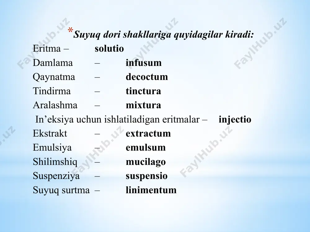 destillatae 180 ml (15 ml x 12 marta = 180 ml) m.f. solutio d.s. 1 osh qoshiqdan bir kunda 3 mahal ichilsin 2. retseptning ikkinchi shakli – qisqartirilgan shakl: rp.: solutionis natrii bromidi 3,6 – 180 ml d.s. 1 osh qoshiqdan bir kunda 3 mahal ichilsin 3. retseptning uchinchi shakli – foizli (protsentli) shakl: 180 ml – 3,6 100 ml – x, demak, eritma 2 % ekan. rp.: solutionis natrii bromidi 2 % – 180 ml d.s. 1 osh qoshiqdan bir kunda 3 mahal ichilsin mikstura aralashma (mikstura) – mixtura (mikstura – bosh kelishik birlik sonda mixtura, qaratqich kelishik birlik sonda – mixturae, qisqartirilgan holda – mixtr.) – suyuq dori moddalar yoki suyuq va qattiq dori moddalarning aralashmasidir. ular tiniq, loyqa va hatto cho‘kmali bo‘lishi mumkin. miksturalar asosan ichish uchun buyuriladi. miksturalar kengaytirilgan va yarim qisqartirilgan shaklda yoziladi. retseptda miksturaning tarkibiy qismlari va ularning miqdori ko‘rsatiladi. shundan keyin m.d.s. (misce. …