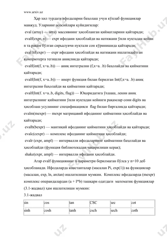 false — мантиқий қиймат "ёльон"; gamma — эйлер константаси, 0.5772156649...; infinity — мусбат чексизлик (манфий чексизлик -infinity кўринишида берилади); true — мантиқий қиймат "рост"; catalan — каталана константаси, 0.915965594...; i — мавҳум бир(-1 дан квадрат илдиз); pi = 3.141... ушбу рўйҳатда натурал логарифмнинг асоси e кирмаган. унинг ўрнида exp(1.) ишлатилади: > exp(1),exp(1.); exp(1), 2.718281828 ўзгарувчиларнинг турлари ва номлари (идентификаторлари) maрle 7 тизимида ўзгарувчилар бутун сонли ( (integer), рационал (rational), ҳақиқий (real), комплекс (complex), сатр (string), символ (математик ифода), рўйҳат ва ҳ.к. турларда бўлиши мумкин. ўзгарувчиларнинг турини яққол кўрсатиш учун қуйидаги конструкция ишлатилади: name::type бу ерда name — ўзгарувчининг номи (идентификатор) , type — ўзгарувчининг тури. ўзгарувчиларнинг номлари (идентификаторлари) ҳарф билан бошланиши ва ягона бўлиши керак. идентификаторнинг узунлигига амaлда чеклашлар йўқ (аниқроқ айтганда у 524 275 символдан ортмаслиги керак. номлар тескари апострофнинг ичида ҳам иберилиши мумкин: > f1:=45;f2:=88.9;f3:=`o'zgaruvchi`; > `f1`;`f2`;`f3`; идентификаторларда бош ва кичик ҳарфлар бир биридан фарқ қилади, масалан f1 …