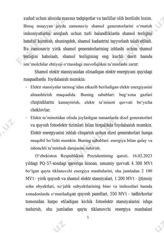 uzunligi 32 km bo‘lgan elektr uzatish tarmog‘ini qurish. buxoro viloyatida quvvati 500 mvt bo‘lgan shamol elektr stansiyasini qurish doirasida 500 kv o‘chirib-yoqish punkti va kuchlanishi 500 kv uzunligi 127 km bo‘lgan elektr uzatish tarmog‘ini qurish. buxoro viloyatida quvvati 500 mvt bo‘lgan shamol elektr stansiyasini qurish doirasida 500 kv o‘chirib-yoqish punkti va kuchlanishi 500 kv uzunligi 166 km bo‘lgan elektr uzatish tarmog‘ini qurish. ayni paytda o‘zbekiston bunday shamol qurilmalaridan foydalanish tajribasiga ega: masalan, qoraqalpog‘iston parranda 7 fabrikasida o‘rnatilgan shamol qurilmasi, toshkent viloyatidagi chorvoq suv ombori yaqinidagi teleradio stansiyasi uchun gibrid tajriba quyosh-shamol qurilmasi buning dalilidir. elektr energiyasi bilan muayyan bir joyni ta’minlash uchun bunday texnologiyani qo‘llash, ayniqsa elektr uzatish liniyalarini barpo etish iqtisodiy jihatdan maqsadga muvofiq bo‘lmagan olis va borish qiyin bo‘lgan tumanlar uchun juda muhimdir. o’zbekoston respublikasi navoiy viloyatining janubiy-g’arbiy qismida shamol energiyasi potensial navoiy viloyatining janubiy-g’arbiy qismida buxoro viloyati bilan chegaradosh bo’lgan konimex tumanida joylashgan «ariston tog’» koni zarafshon …